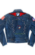 Back view of a faded blue Lee denim jacket with a winged BMW patch, floral embroidery, heart motif, American flag patch, and AMA patch.