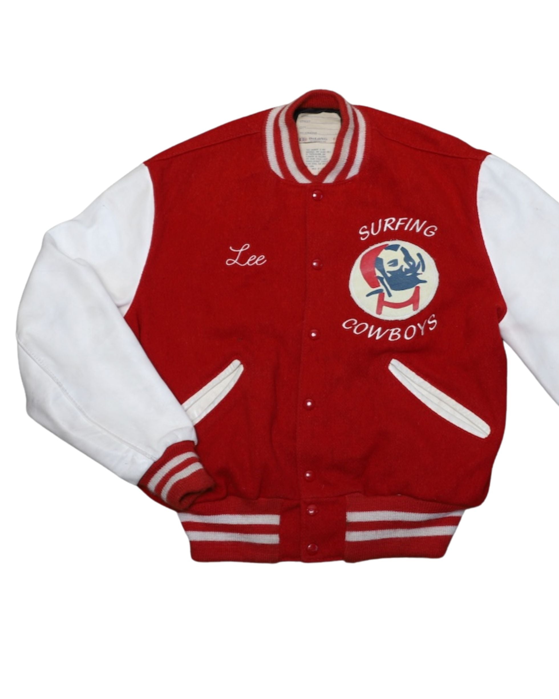 Upcycled Surfing Cowboys Lee Letterman Jacket M Red w Cream