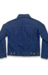 Back view of vintage 1970s Levi’s Orange Tab denim jacket with dark indigo wash and snap closure.
