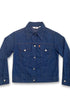 Front view of vintage 1970s Levi’s Orange Tab denim jacket with dark indigo wash and snap closure.