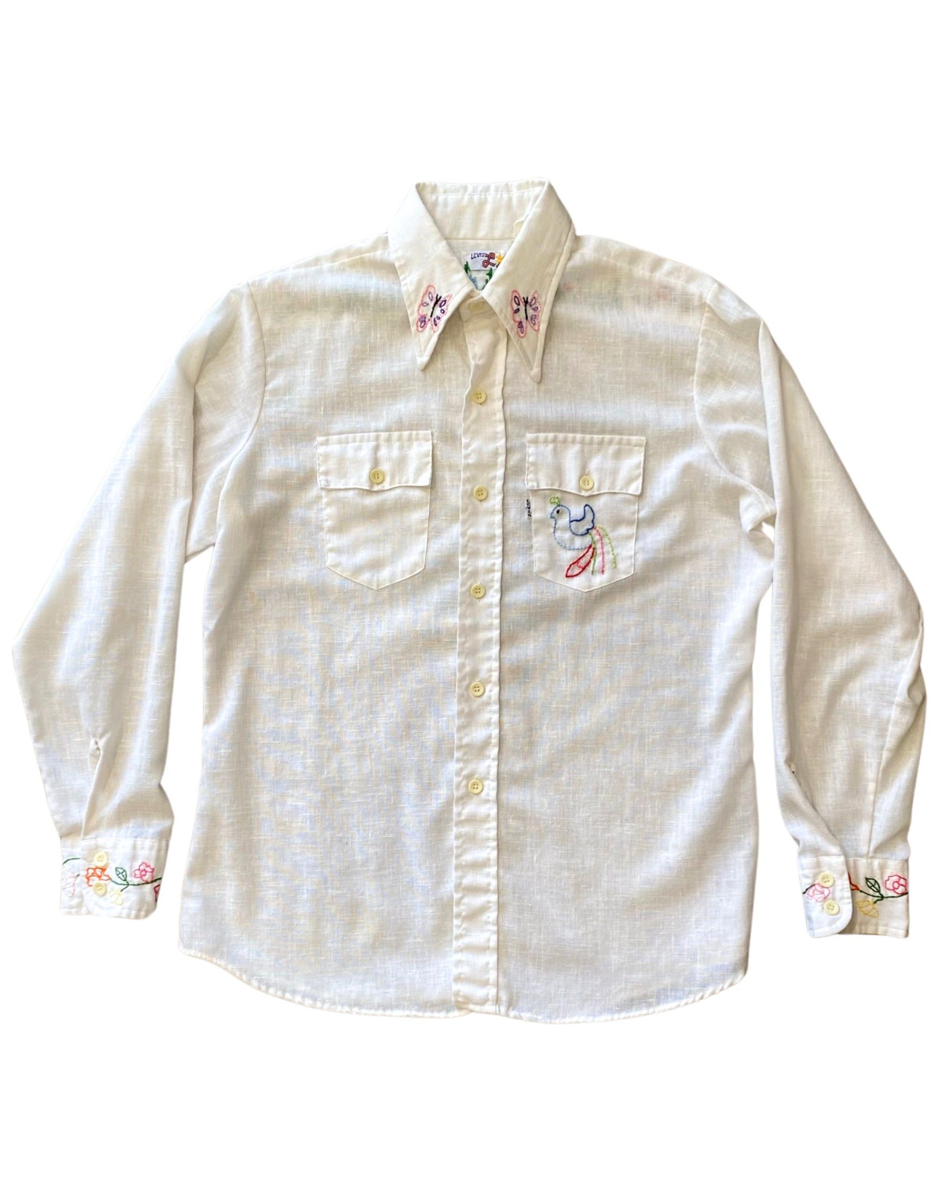 Levis 1970s Embroidered White Label Button Down Shirt Medium White USA