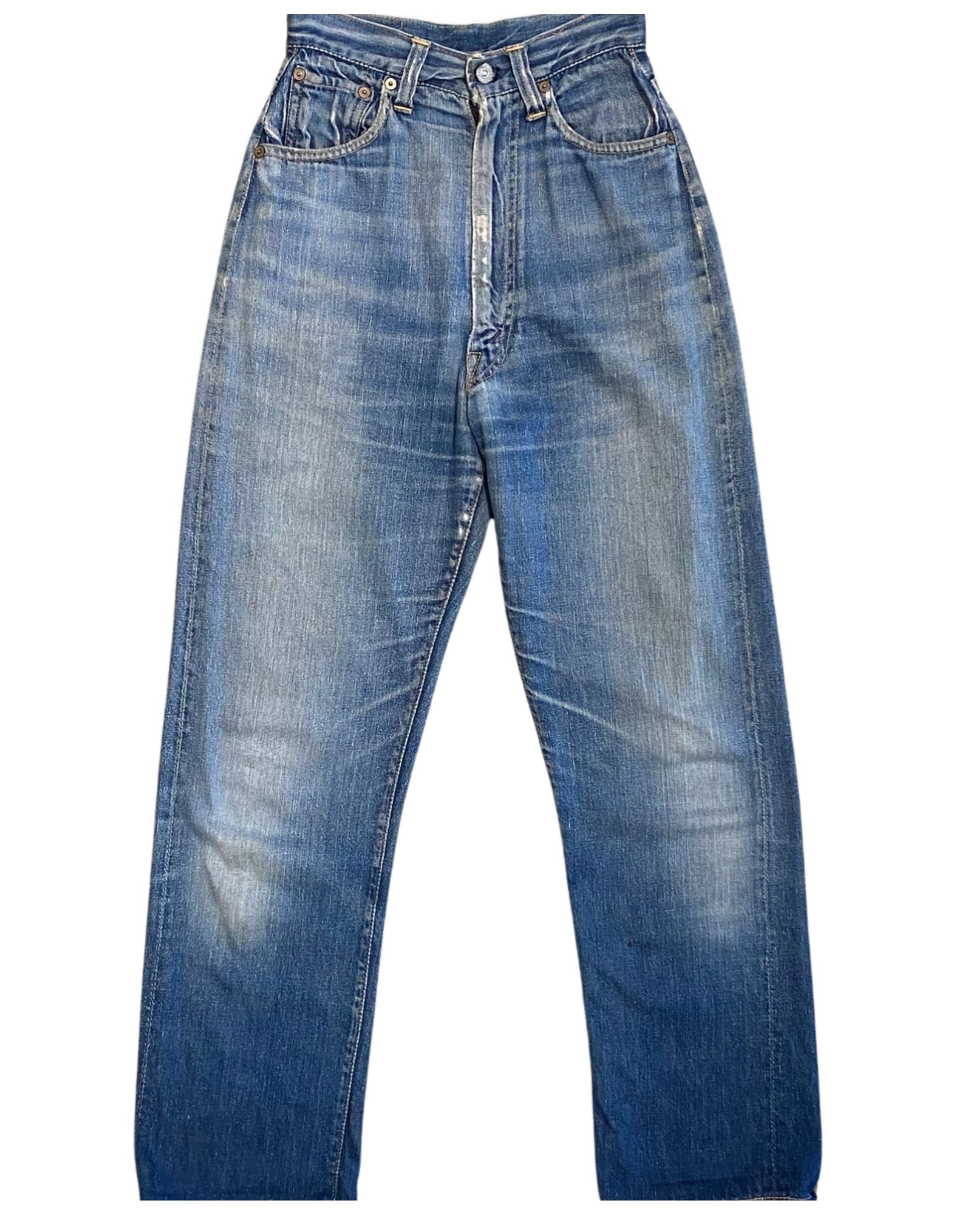 Front view of high-rise blue Levi’s jeans with five-pocket styling, a front fly, belt loops, and pronounced fading through the legs.