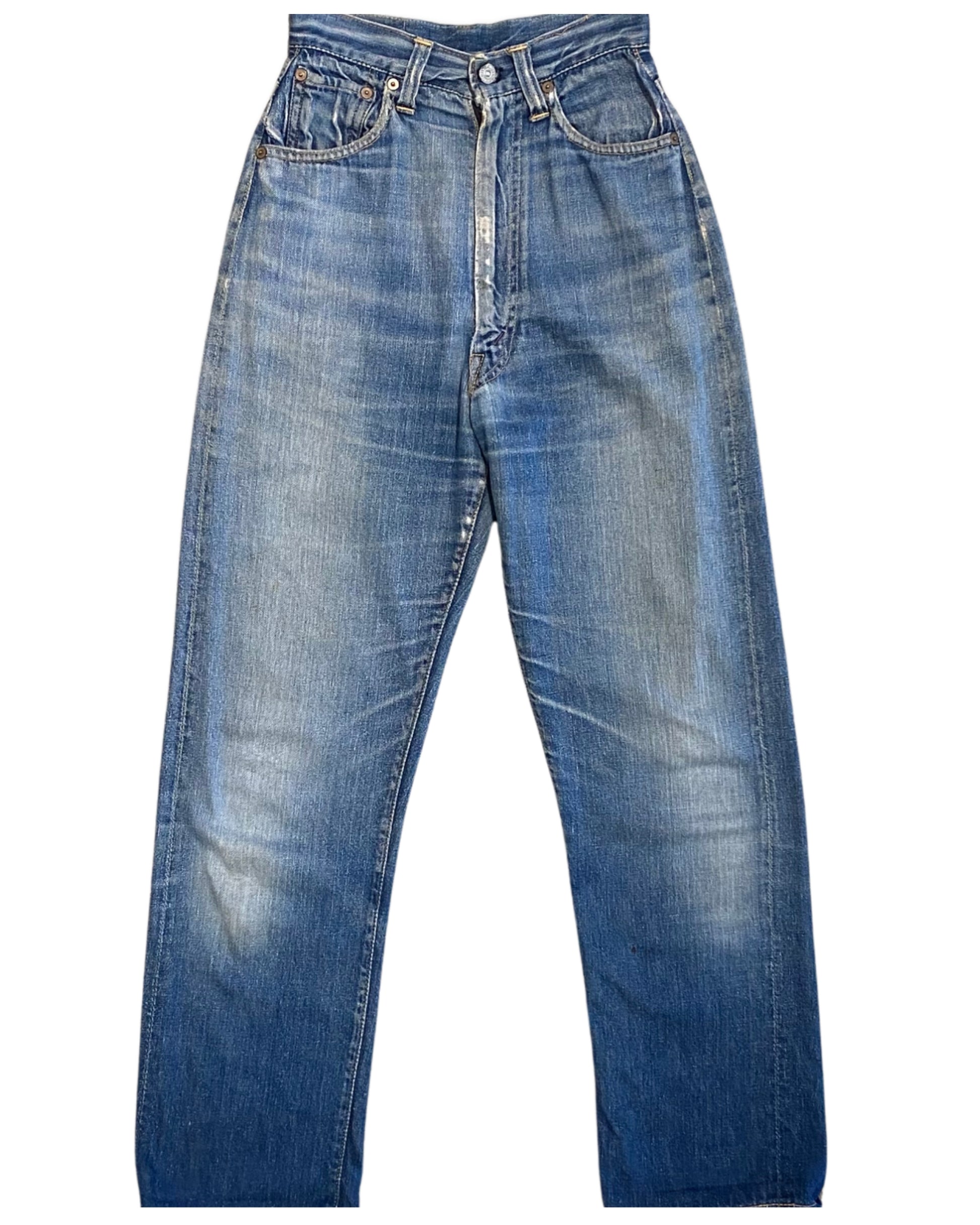 Front view of high-rise blue Levi’s jeans with five-pocket styling, a front fly, belt loops, and pronounced fading through the legs.