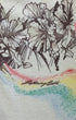 Close-up of black floral line artwork, rainbow-colored accents, and Lightning Bolt script printed on cream fabric.
