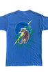 Back view of a rare vintage 1970s Lightning Bolt blue graphic tee showing a detailed roaring tiger print framed by green bamboo and a yellow lightning bolt logo.