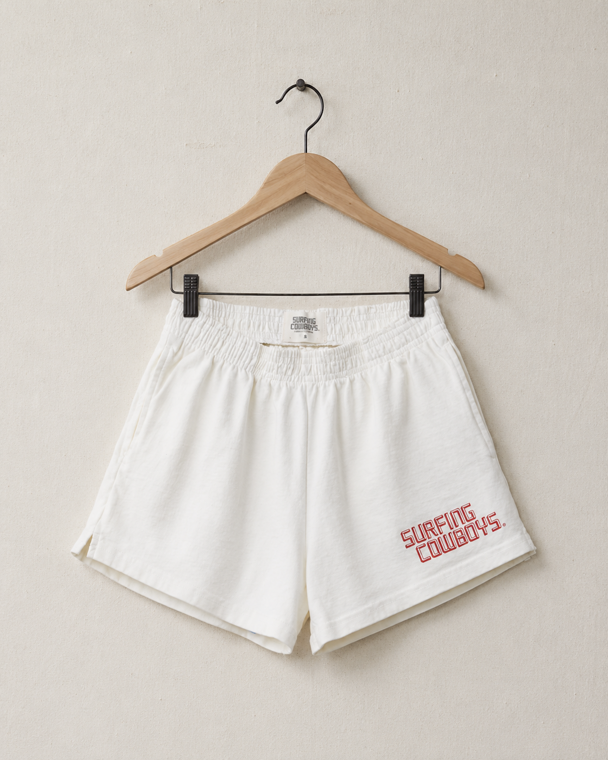 Logo Gym Shorts Cream Front View.