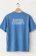 Back of Surfing Cowboys Logo high crew T-shirt in washed blue with small front chest logo and larger back logo print, both in white ink