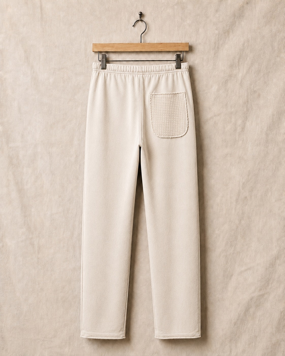 Surfing Cowboys® Surf + Track loopback cotton patch pants in natural, back view, with drawstring waist, stitched patch pocket.