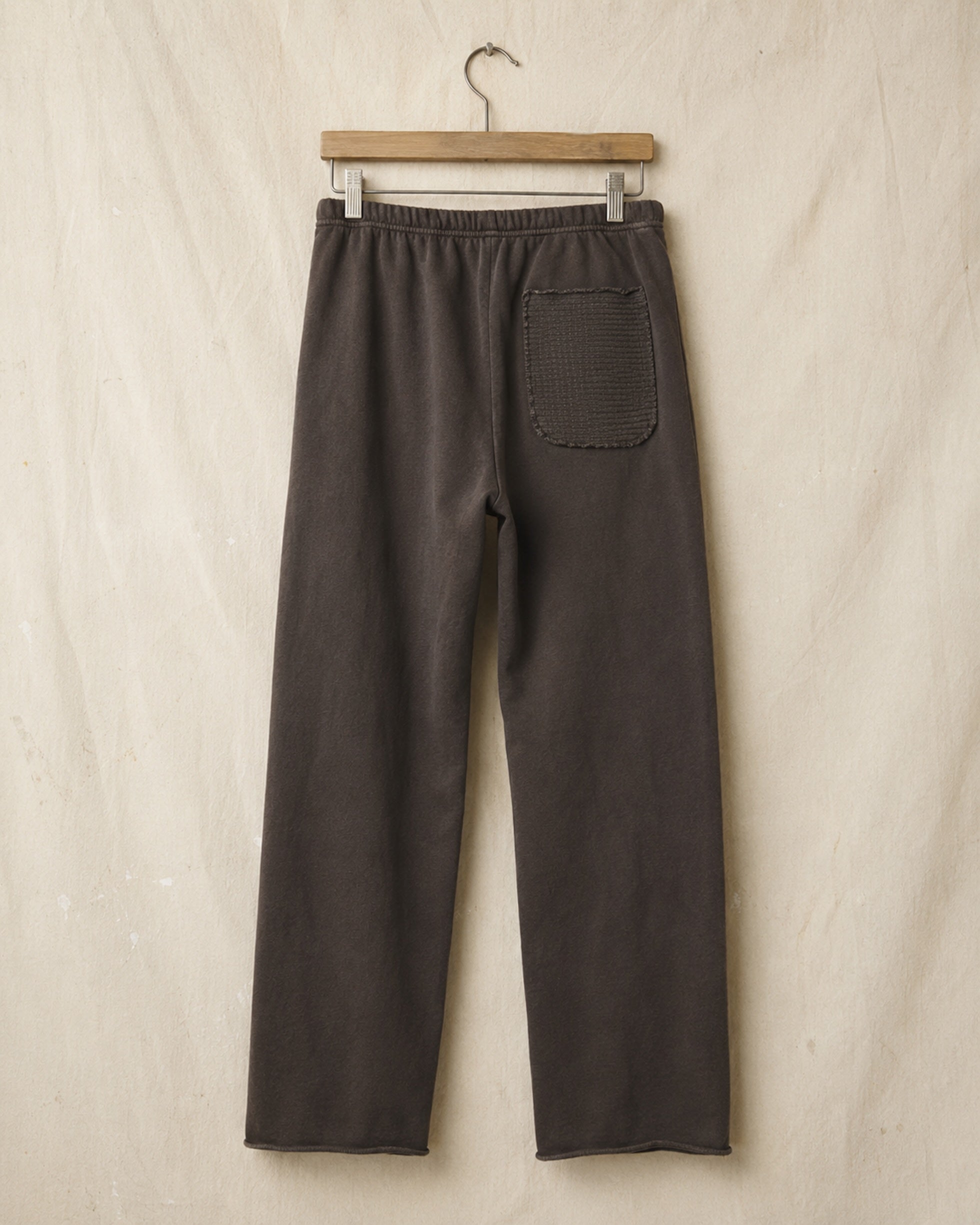 Surfing Cowboys® Surf + Track loopback cotton patch pants in mocha, back view, with drawstring waist, stitched patch pockets, and reinforced knees.