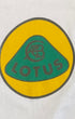 Close-up of the vintage Lotus Cars logo graphic in green and yellow printed on the front of the sweatshirt.