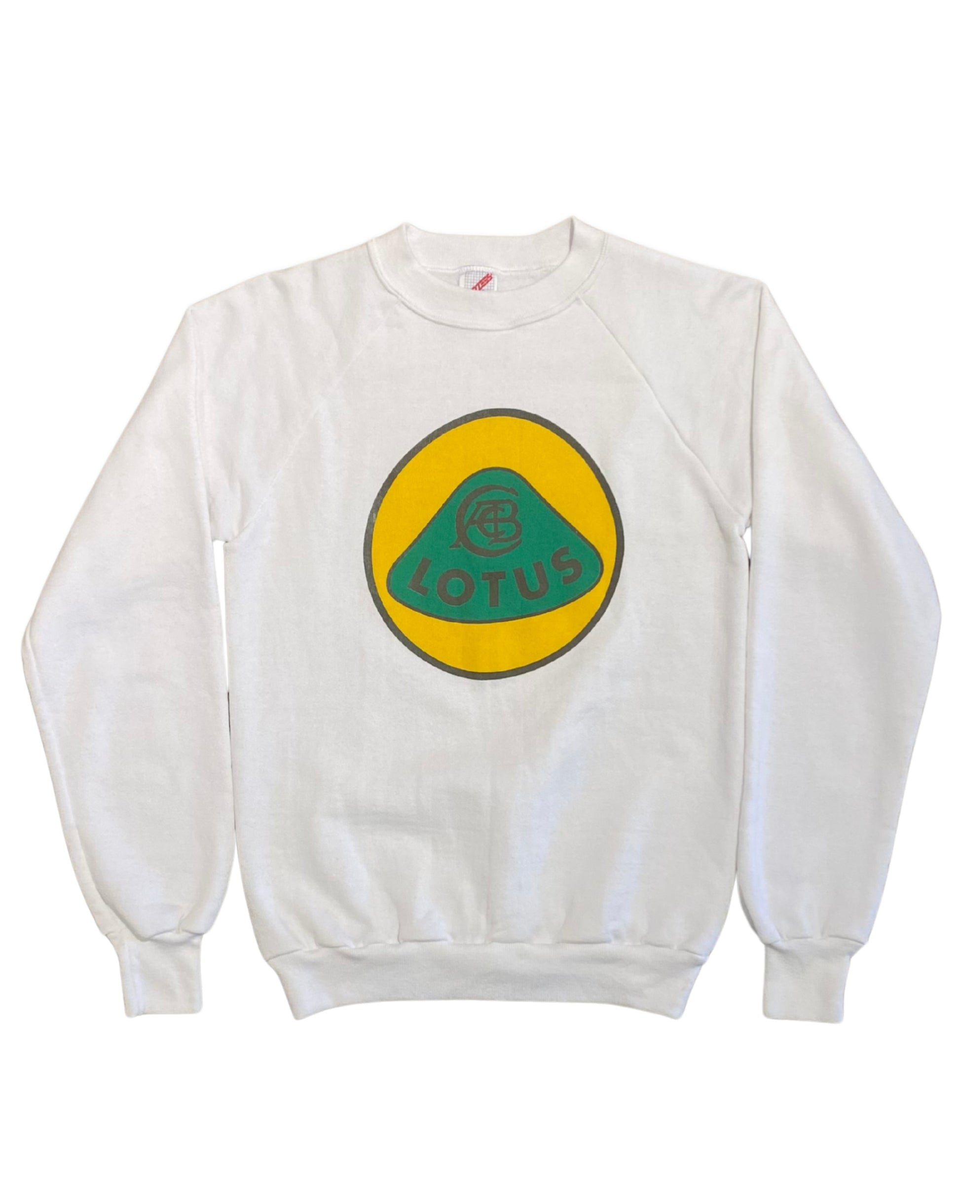 Vintage white 1980s sweatshirt featuring a large green and yellow Lotus Cars logo graphic on the chest.