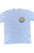 Front view of Surfing Cowboys Lowrider Sun T-Shirt in washed sky blue with small chest graphic.