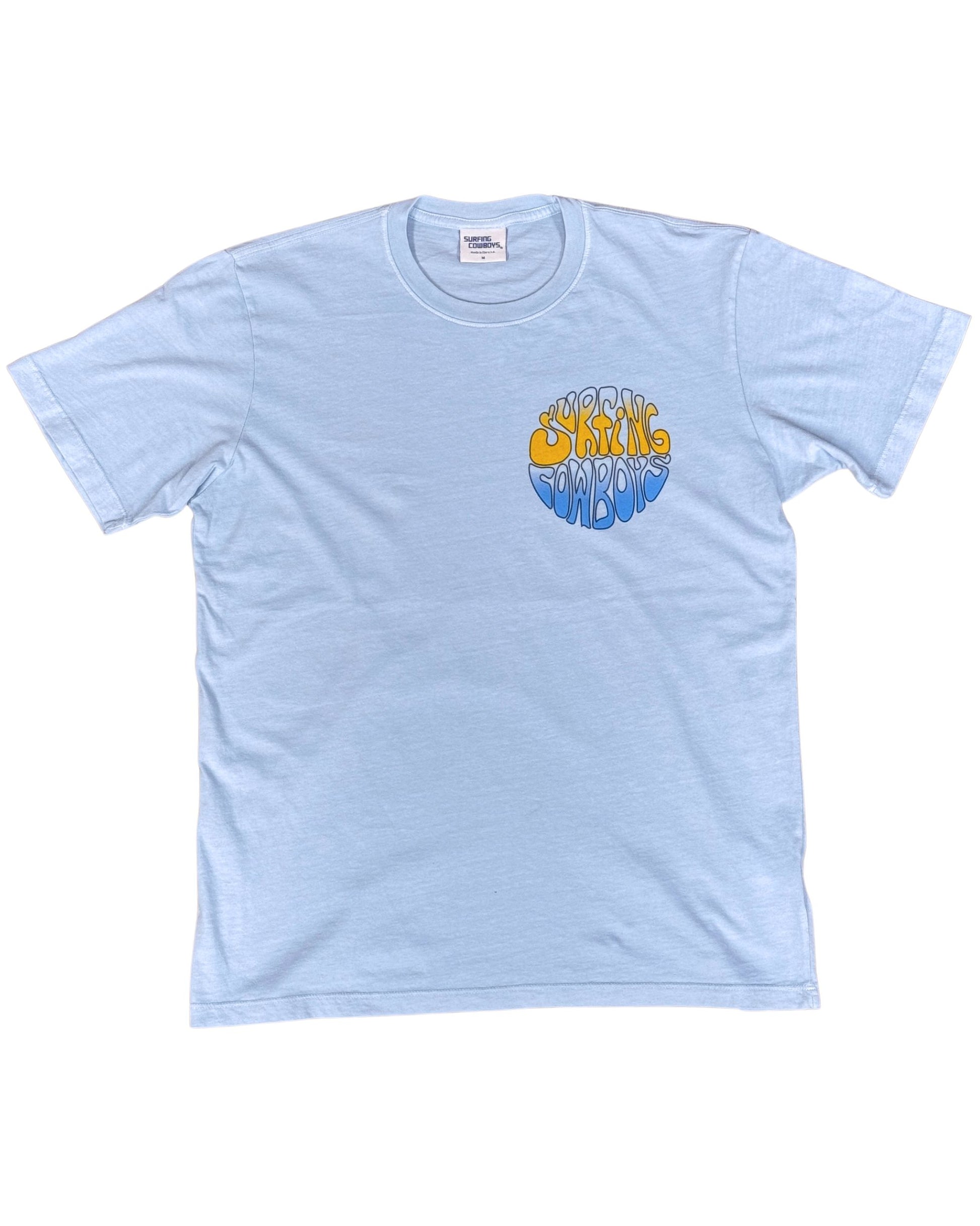 Front view of Surfing Cowboys Lowrider Sun T-Shirt in washed sky blue with small chest graphic.
