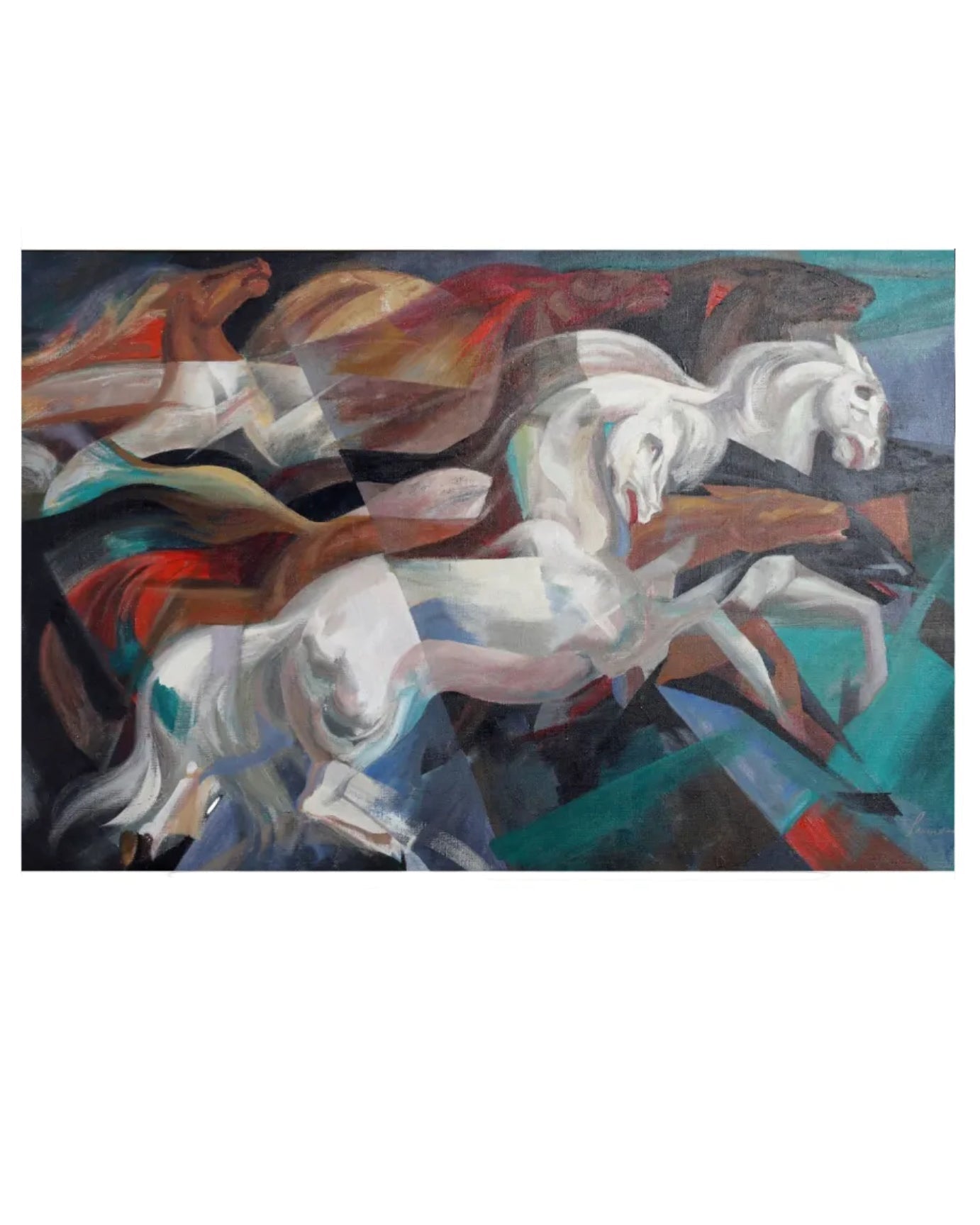 Another full view of the Lumen Winter Painting "Horses in Flight", Oil on Canvas c. 1939-44 with Documentation.
