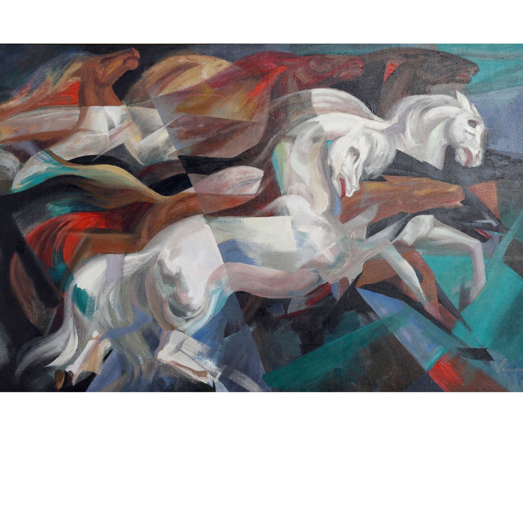 Another full view of the Lumen Winter Painting "Horses in Flight", Oil on Canvas c. 1939-44 with Documentation.