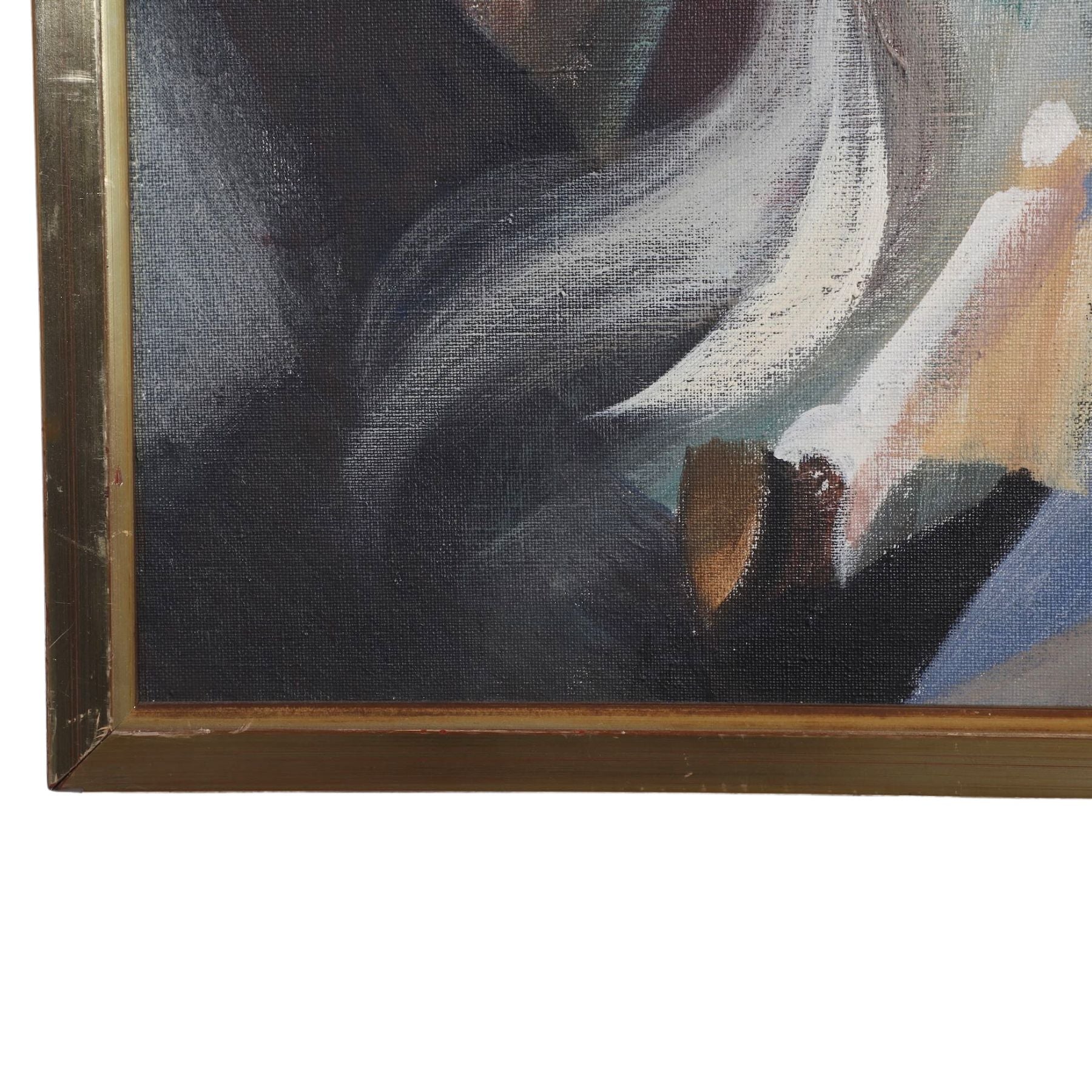 The upclose view of the left corner of the Lumen Winter Painting "Horses in Flight", Oil on Canvas c. 1939-44 with Documentation.