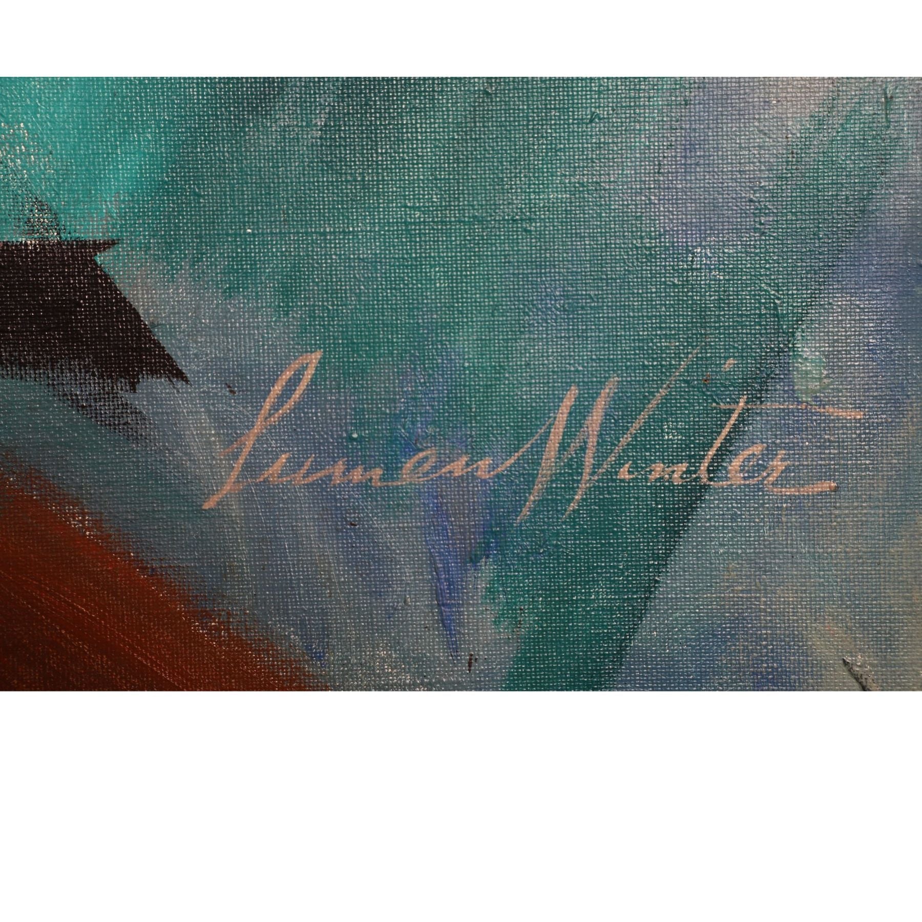 The upclose view of the signature of the Lumen Winter Painting "Horses in Flight", Oil on Canvas c. 1939-44 with Documentation.