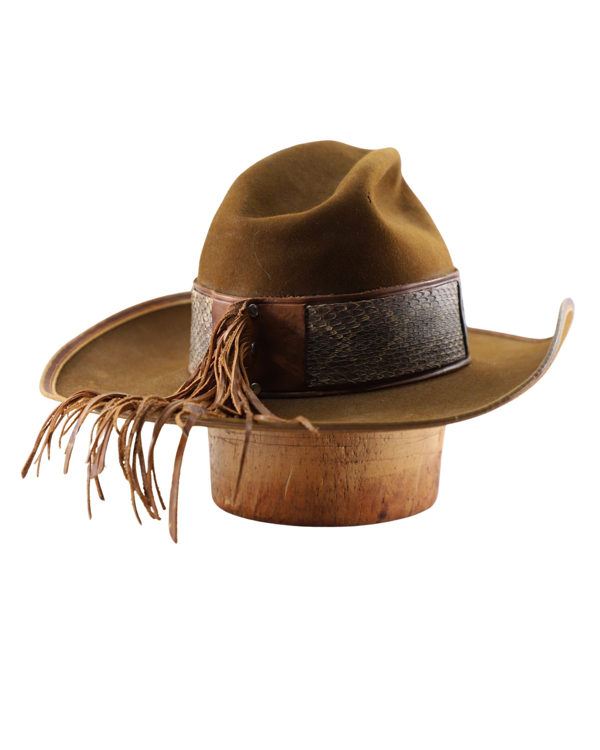 Mad Jack 1970s Custom Resistol Leather + Python Western Hat (Size 7.5) back fringe