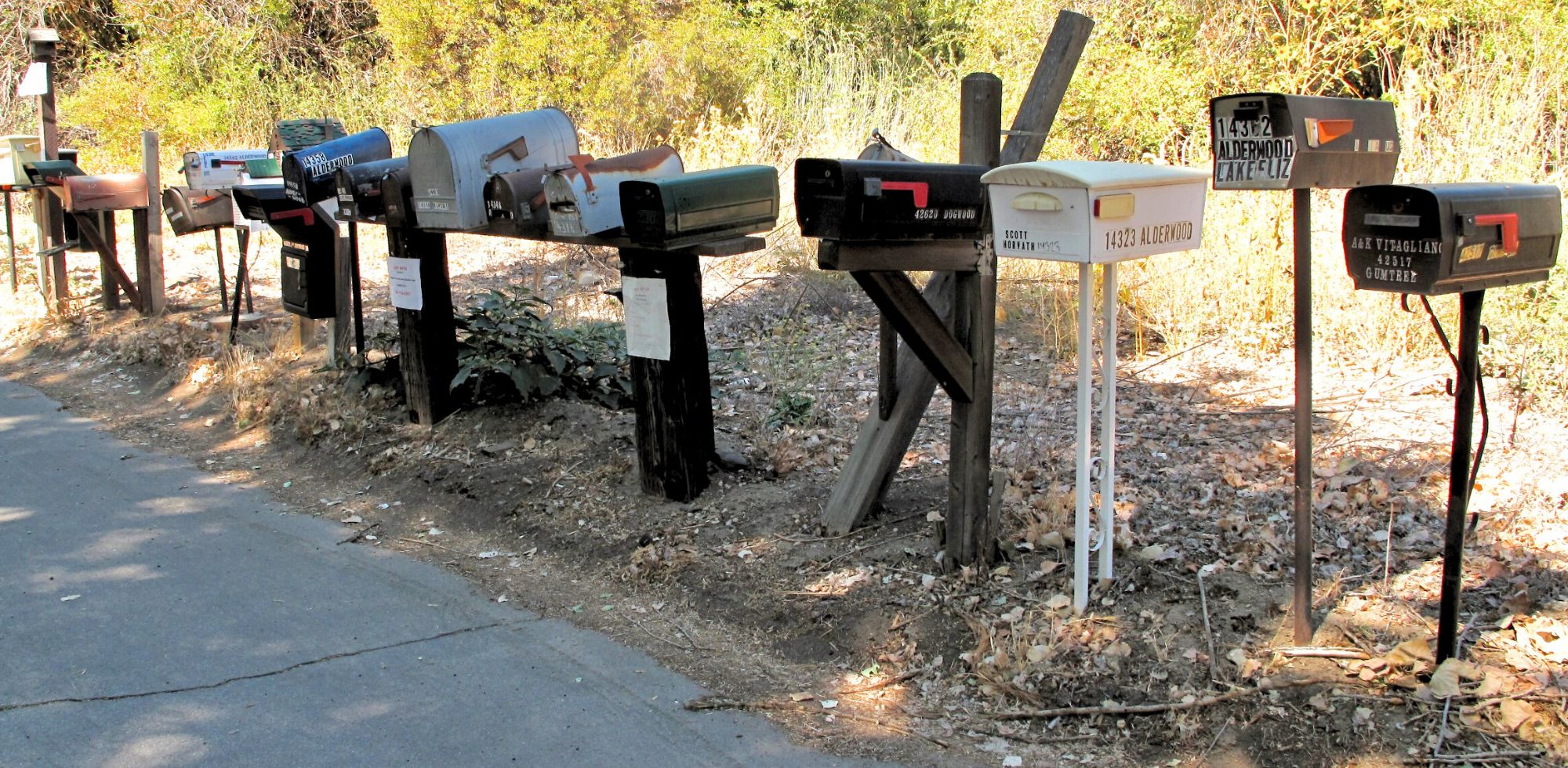 row of mailboxes on country road