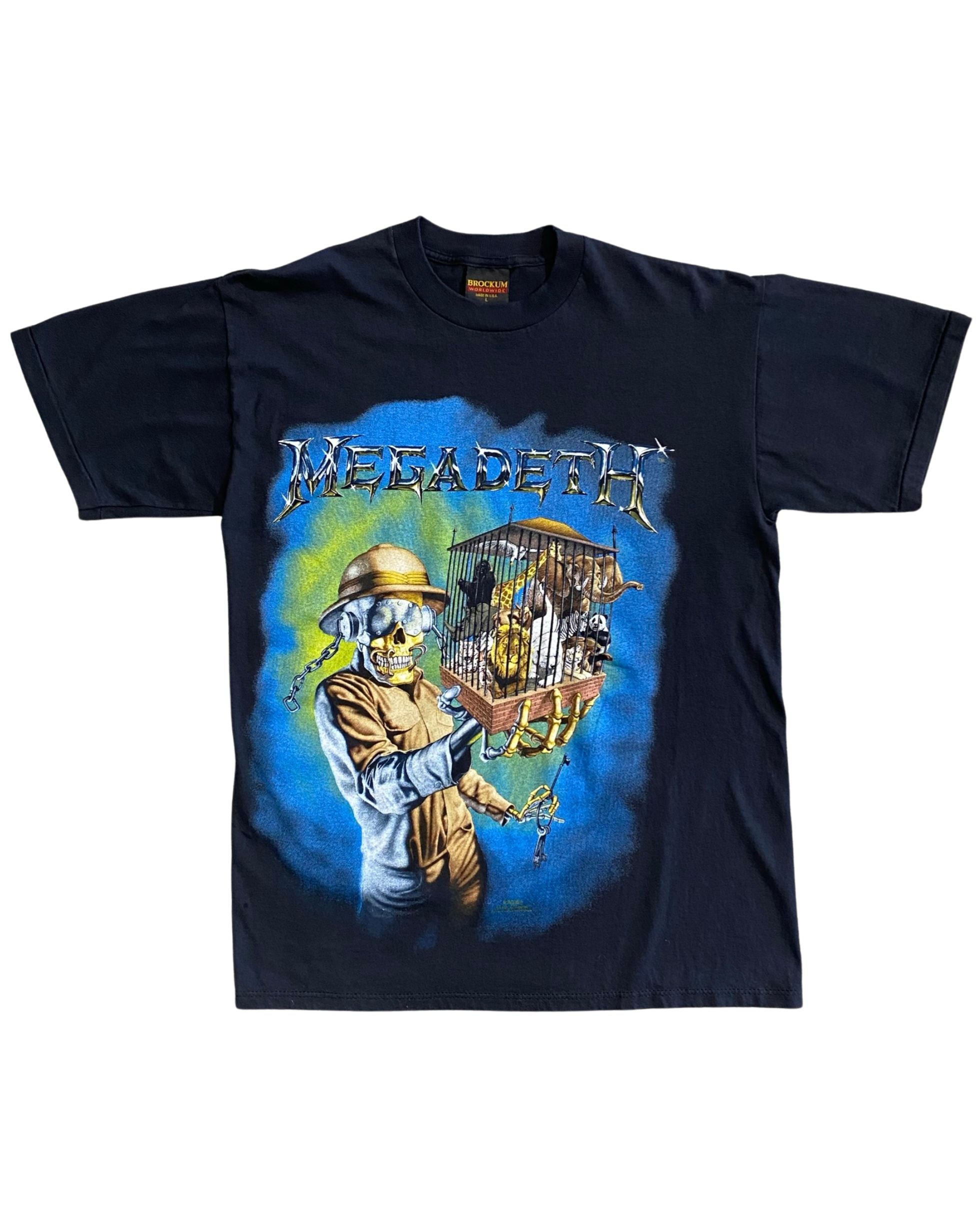Vintage 1993 Megadeth Countdown to Extinction T-shirt with full color graphic on front and lyrics printed on back. Front View.