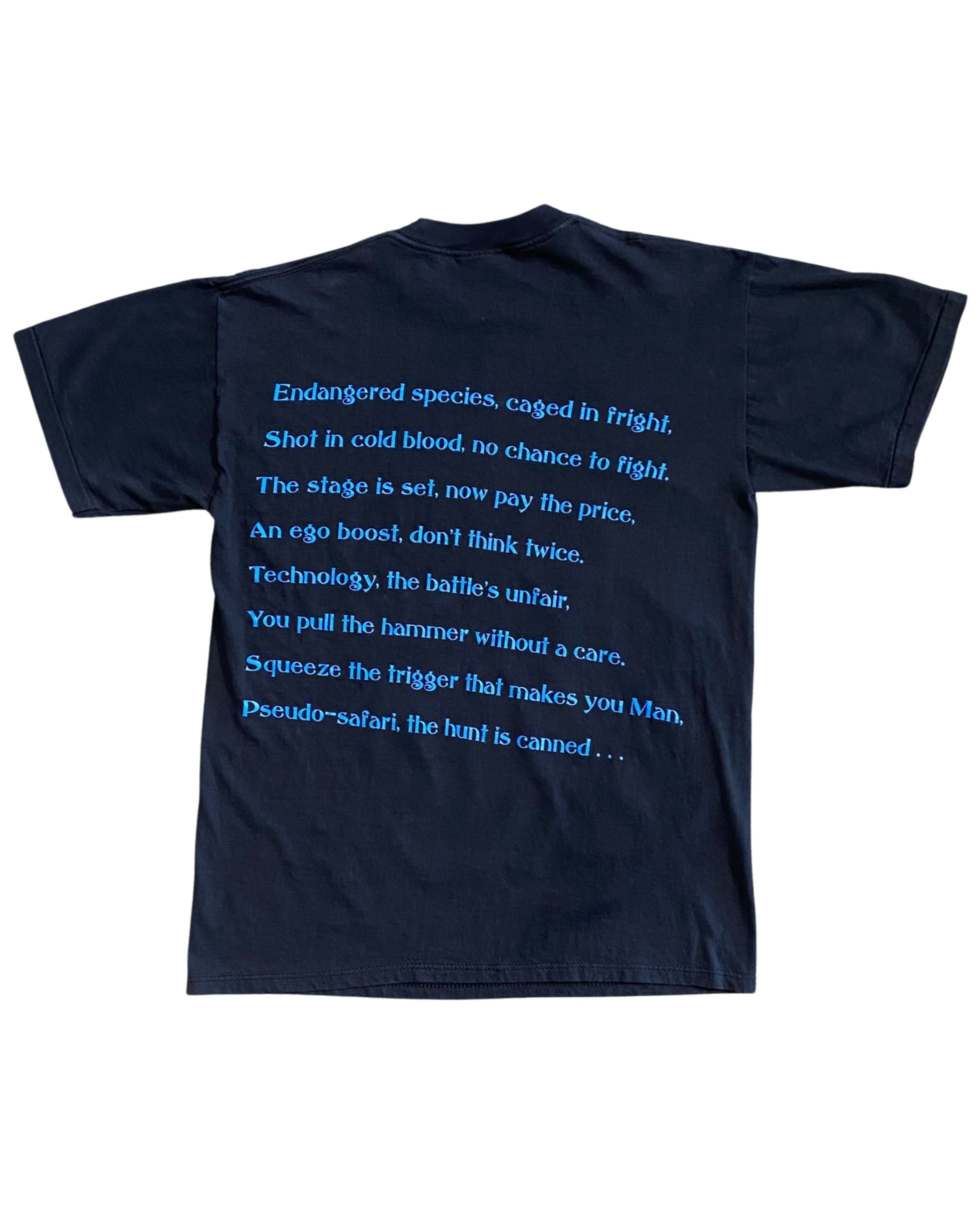 Vintage 1993 Megadeth Countdown to Extinction T-shirt with full color graphic on front and lyrics printed on back. Back View.