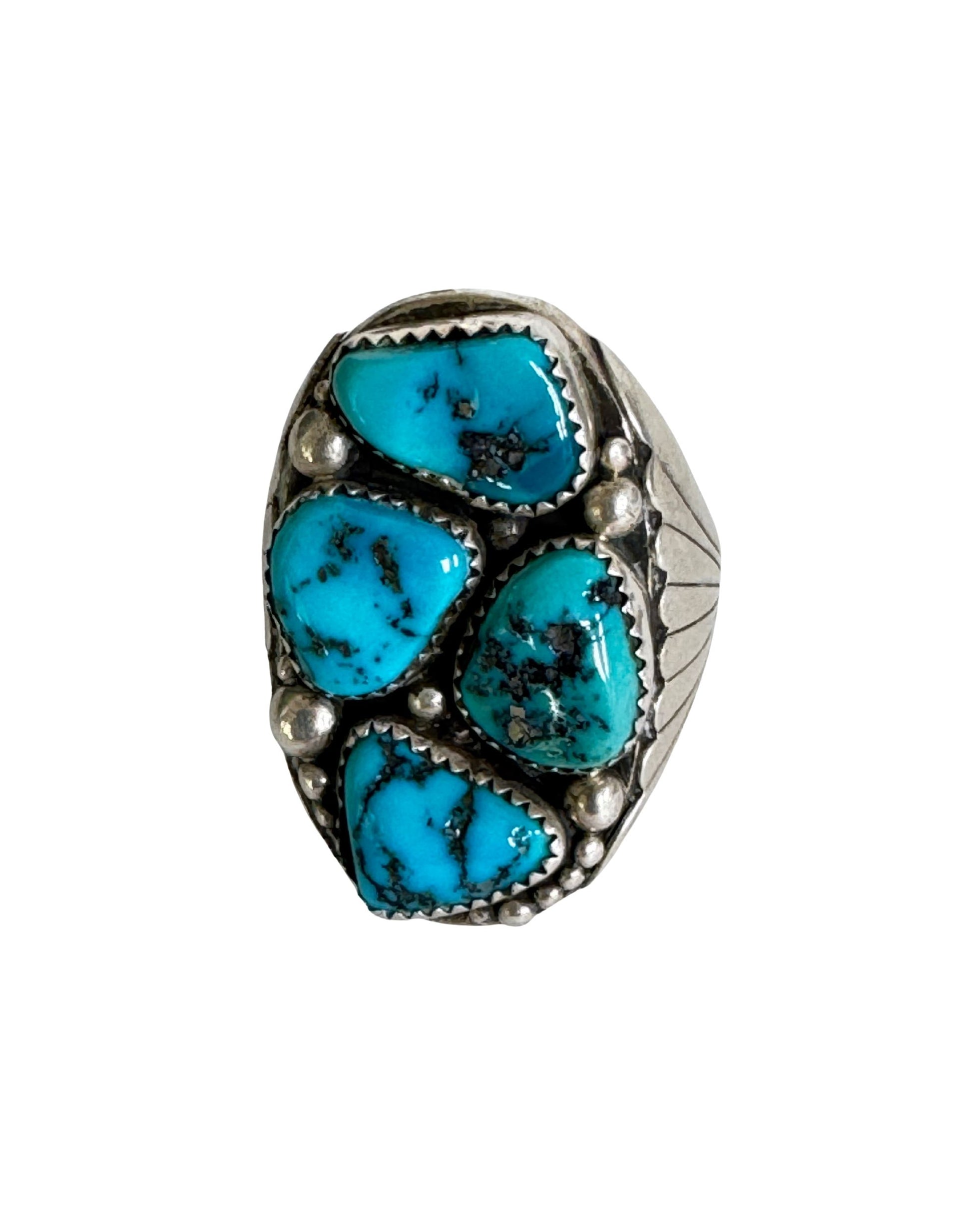 Men's 4-Turquoise Silver Ring - 1960s - Size 14.5