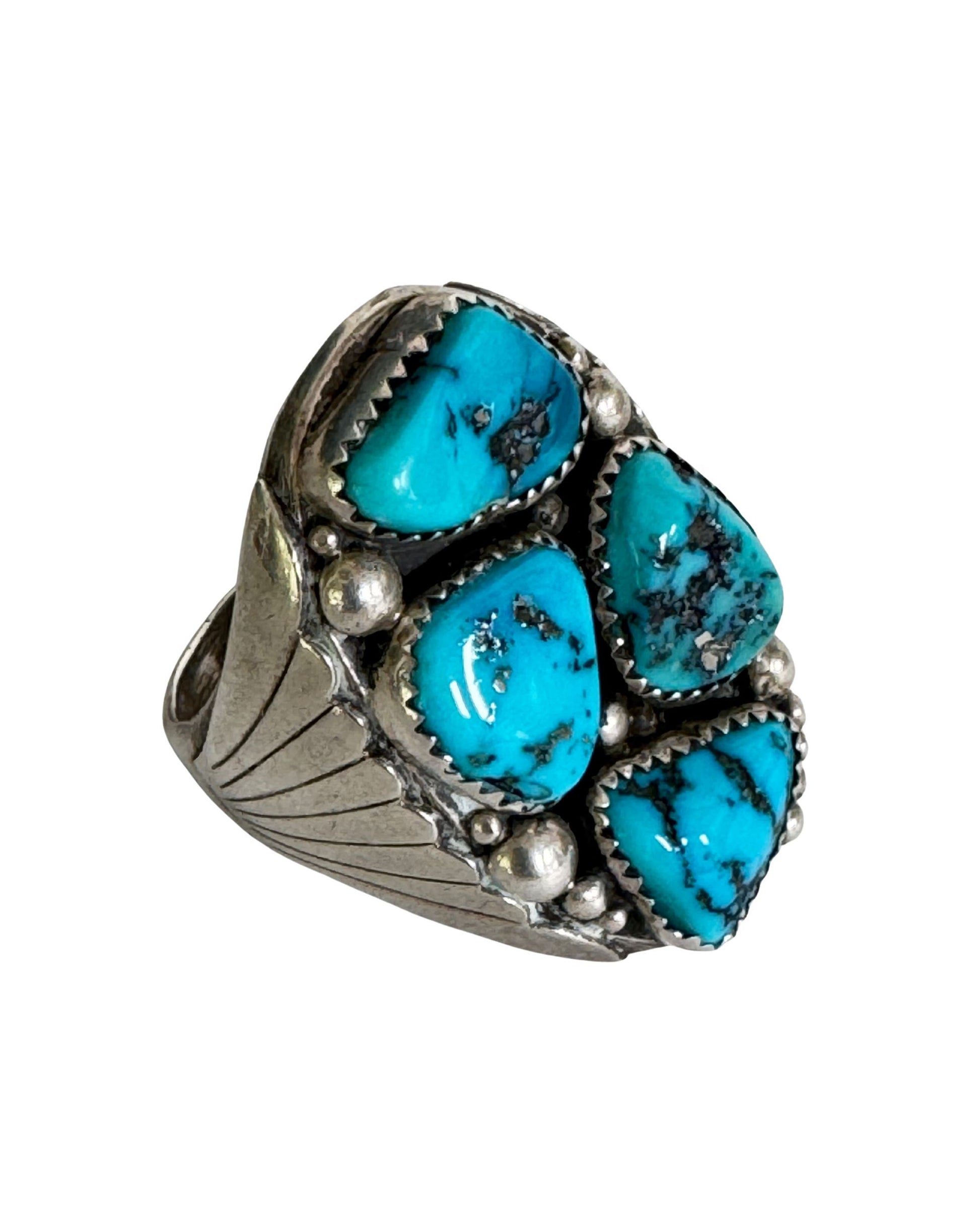 Men's 4-Turquoise Silver Ring - 1960s - Size 14.5