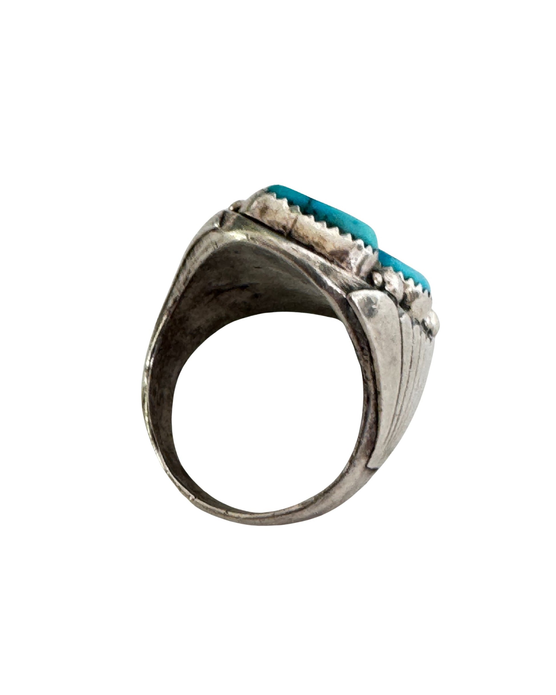 Men's 4-Turquoise Silver Ring - 1960s - Size 14.5