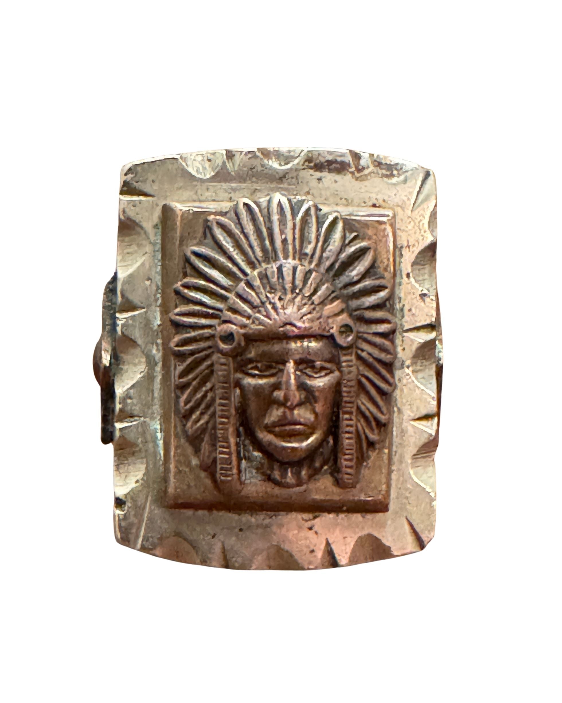Rare Mexican Brass Biker Ring — Chief with Skull + Cross-Bones | Original Vintage circa 1940s | Size 8.25 | Stamped Mexico