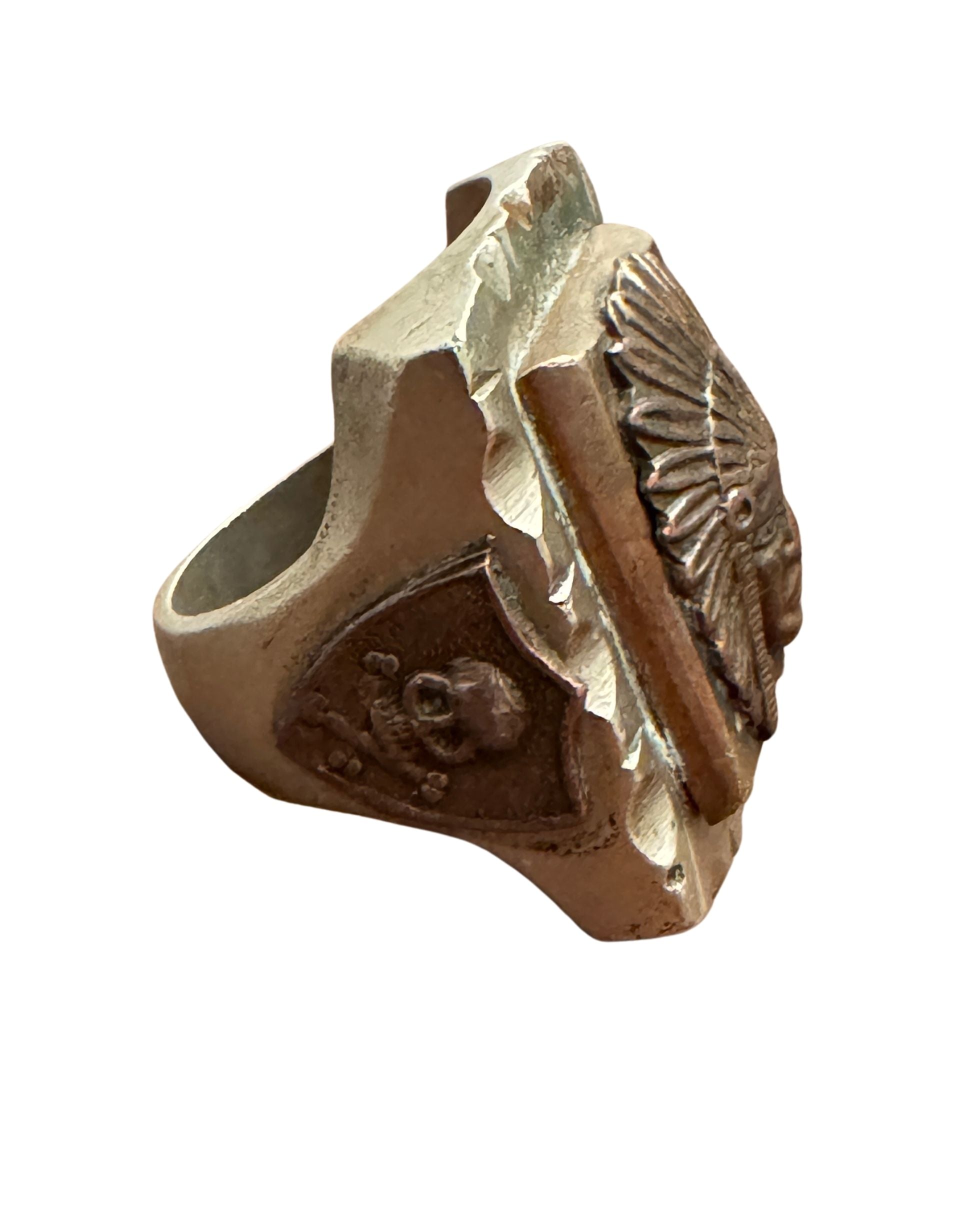 Rare 1940s Mexican Brass Biker Ring — Chief Skull + Cross-Bones