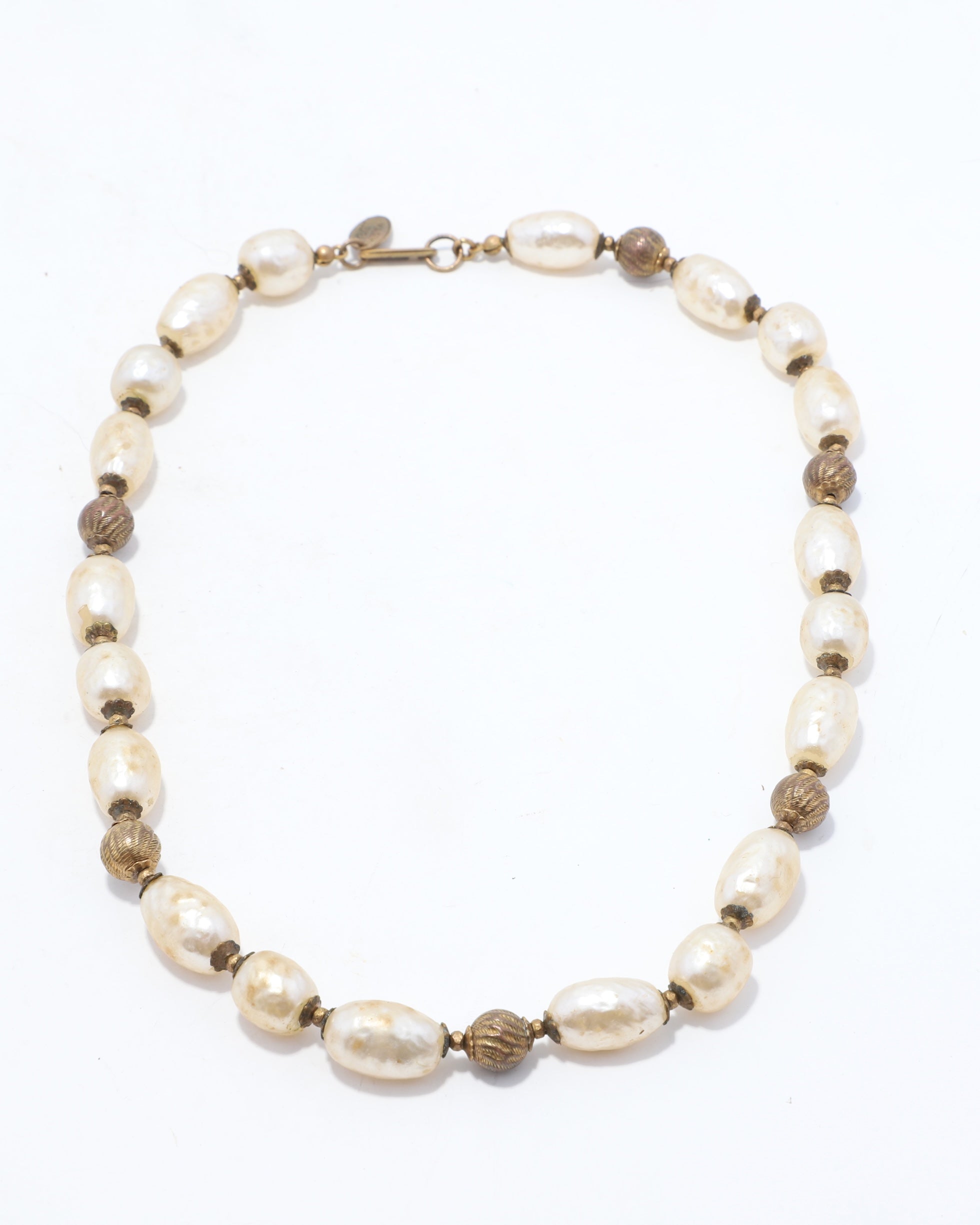 Miriam Haskell Baroque Glass Pearl Necklace with Runway Gold Beads and Fittings 16 inches.