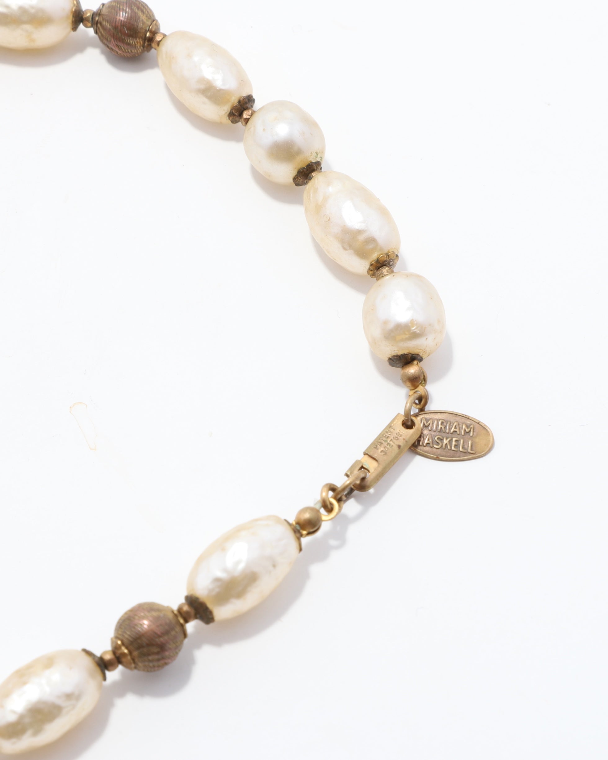 Miriam Haskell Baroque Glass Pearl Necklace with Runway Gold Beads and Fittings 16 inches clasp and tag detail.