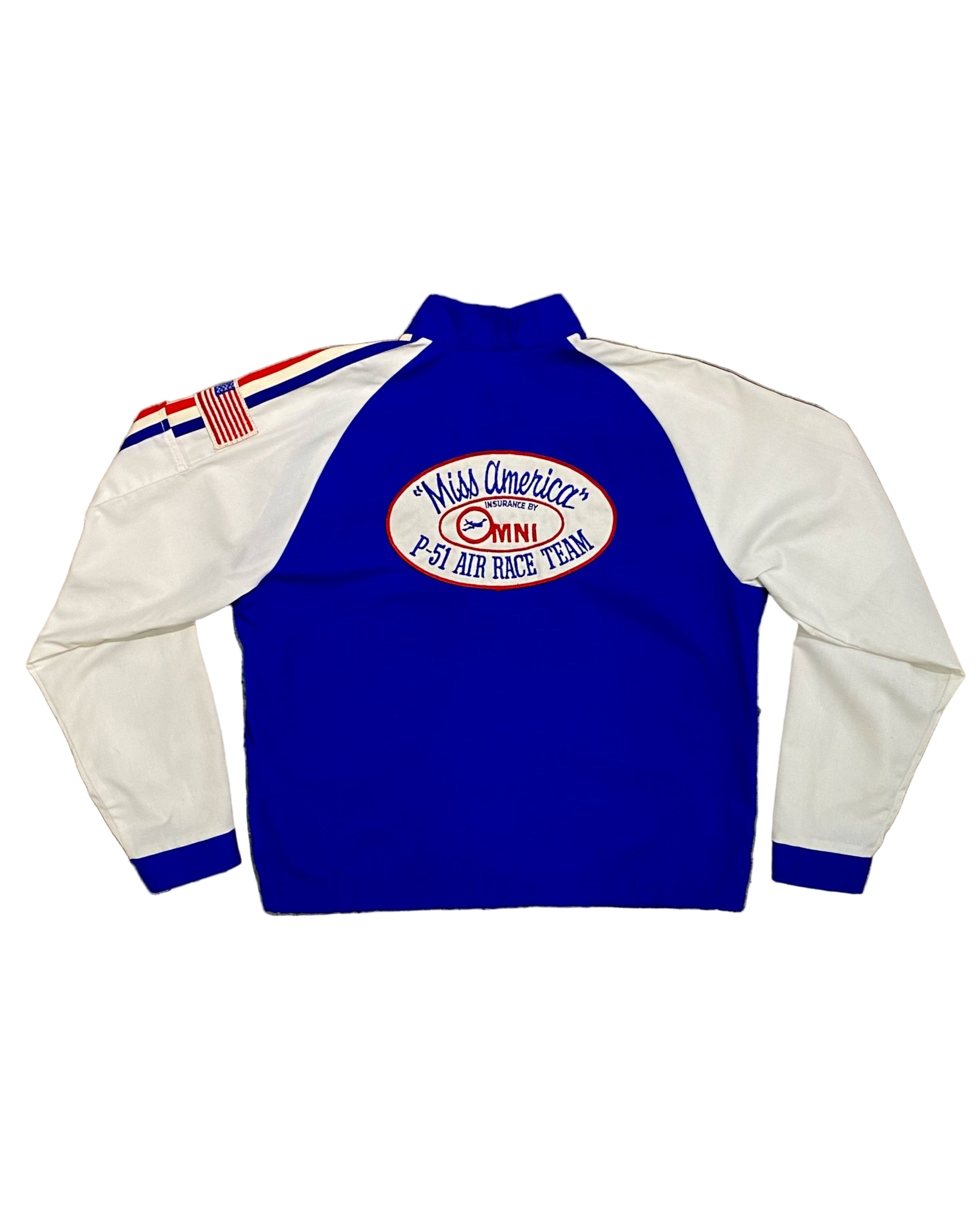 Back view of Miss America Air Race Team jacket with large embroidered P-51 graphic and bold team lettering.
