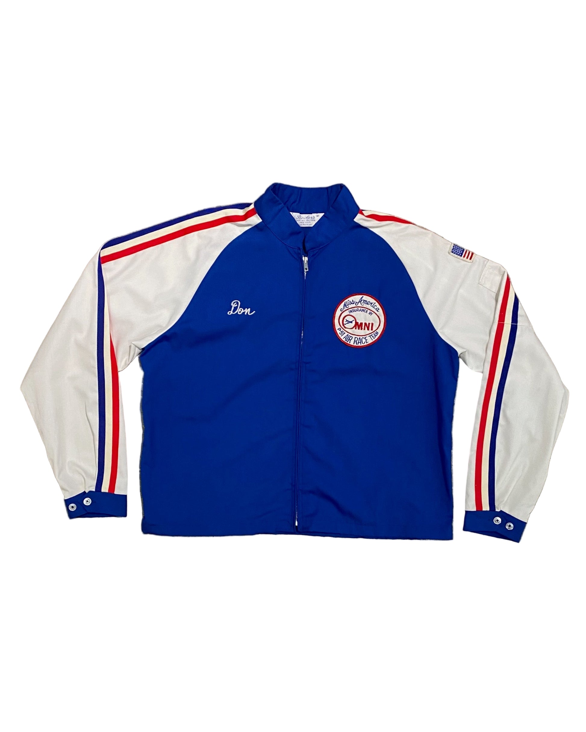 Front view of vintage 1970s Miss America P-51 Air Race Team jacket in red, white, and blue with embroidered team patch and “Don” name.