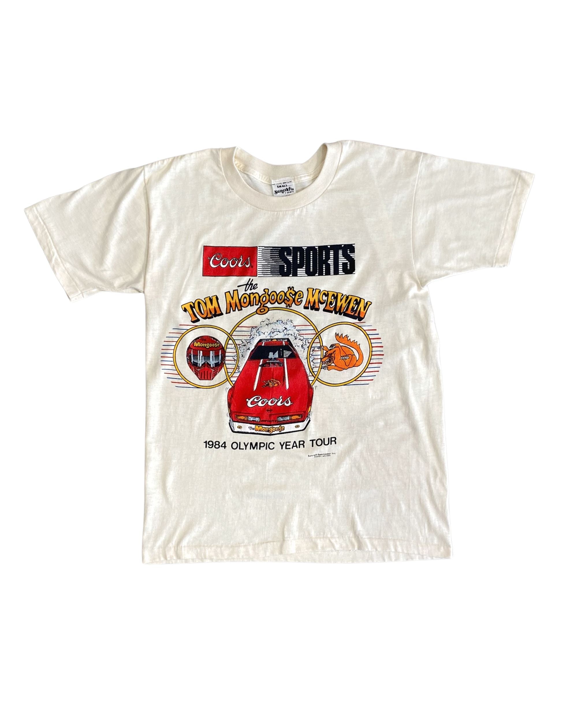 Front of 1984 Tom “Mongoose” McEwen Coors Corvette Olympic Year Tour T-shirt with bold car graphic.