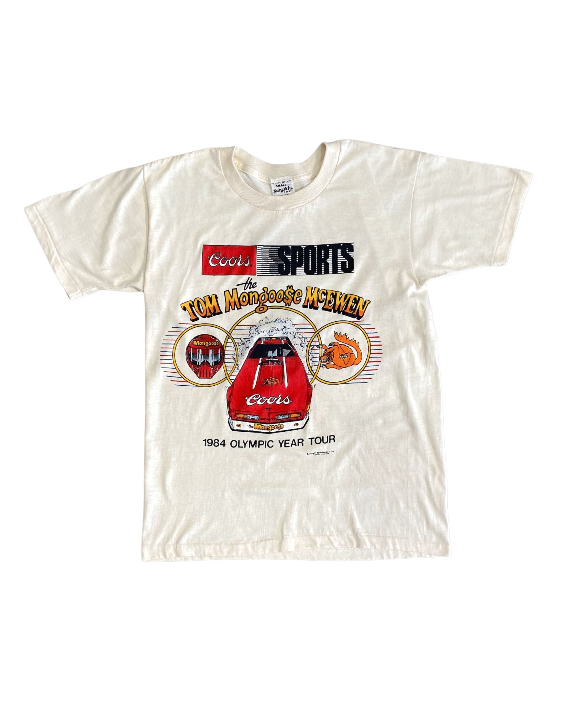 Front of 1984 Tom “Mongoose” McEwen Coors Corvette Olympic Year Tour T-shirt with bold car graphic.