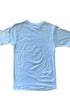 Back of solid blue t-shirt .