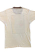 The blank back view of a rare vintage 1970s My Fair Lady theatrical promo tee showcasing the ultra-thin, distressed cream knit fabric and brown ringer collar.