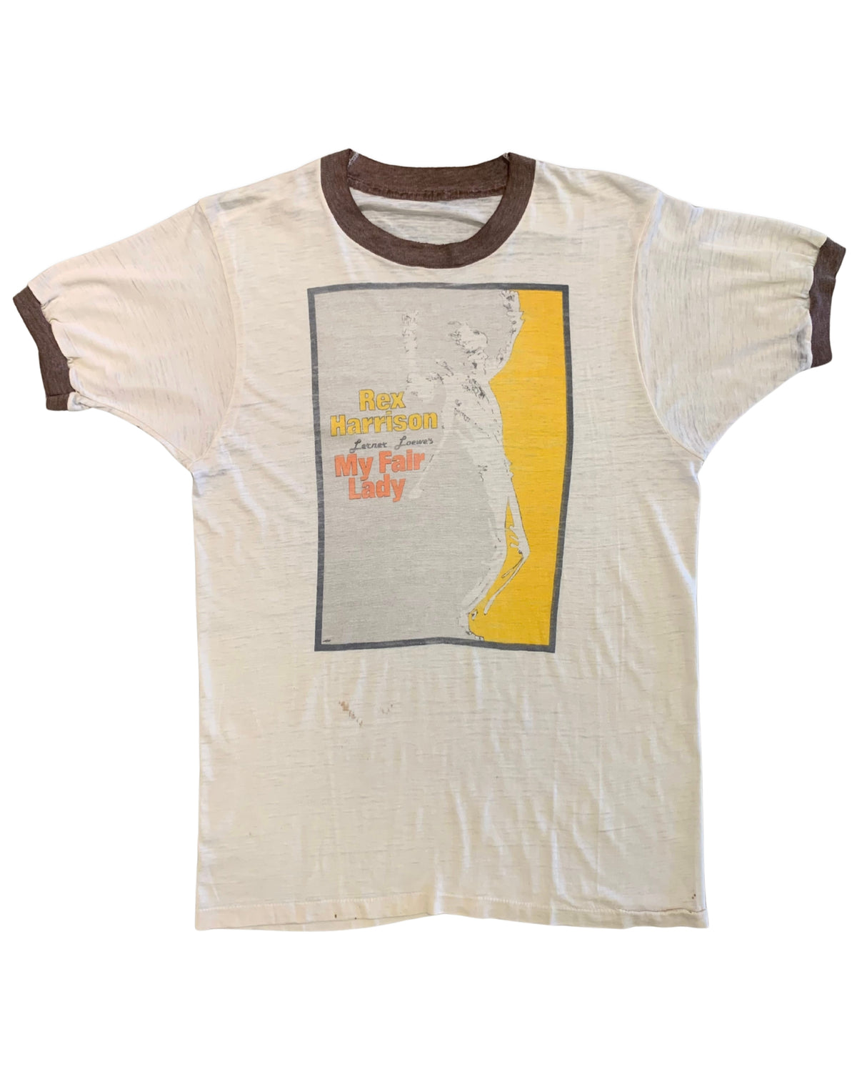 • Front view of an authentic vintage 1970s My Fair Lady ringer t-shirt in cream with brown trim, featuring a graphic of Rex Harrison with beautiful natural wear.