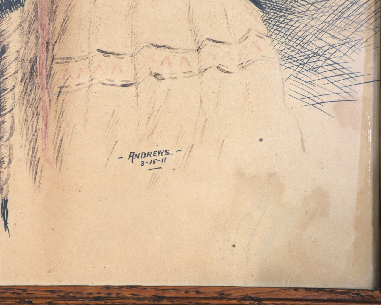 Native American Portrait Drawing in Wood Frame by Andrews, Circa 1911 Close Up of Signature