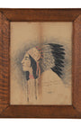 Native American Portrait Drawing in Wood Frame by Andrews, Circa 1911 Full View