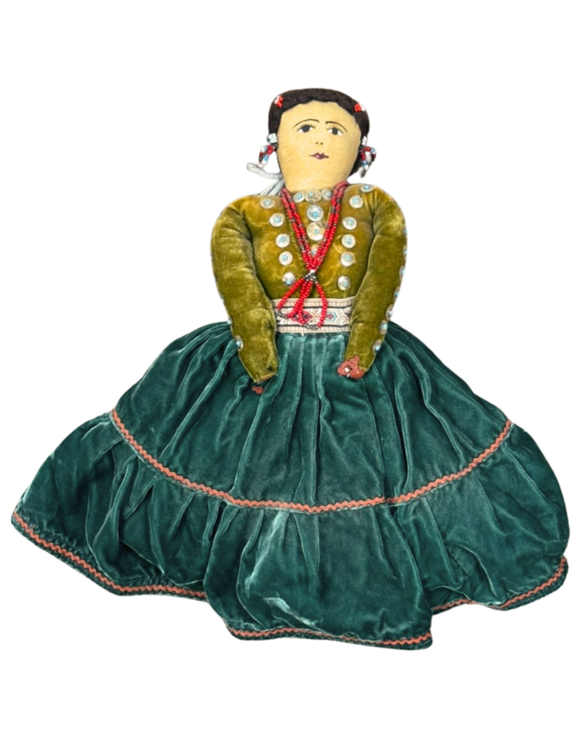 Traditional Native American Folk Art Doll with Velvet Dress, Circa 1940s