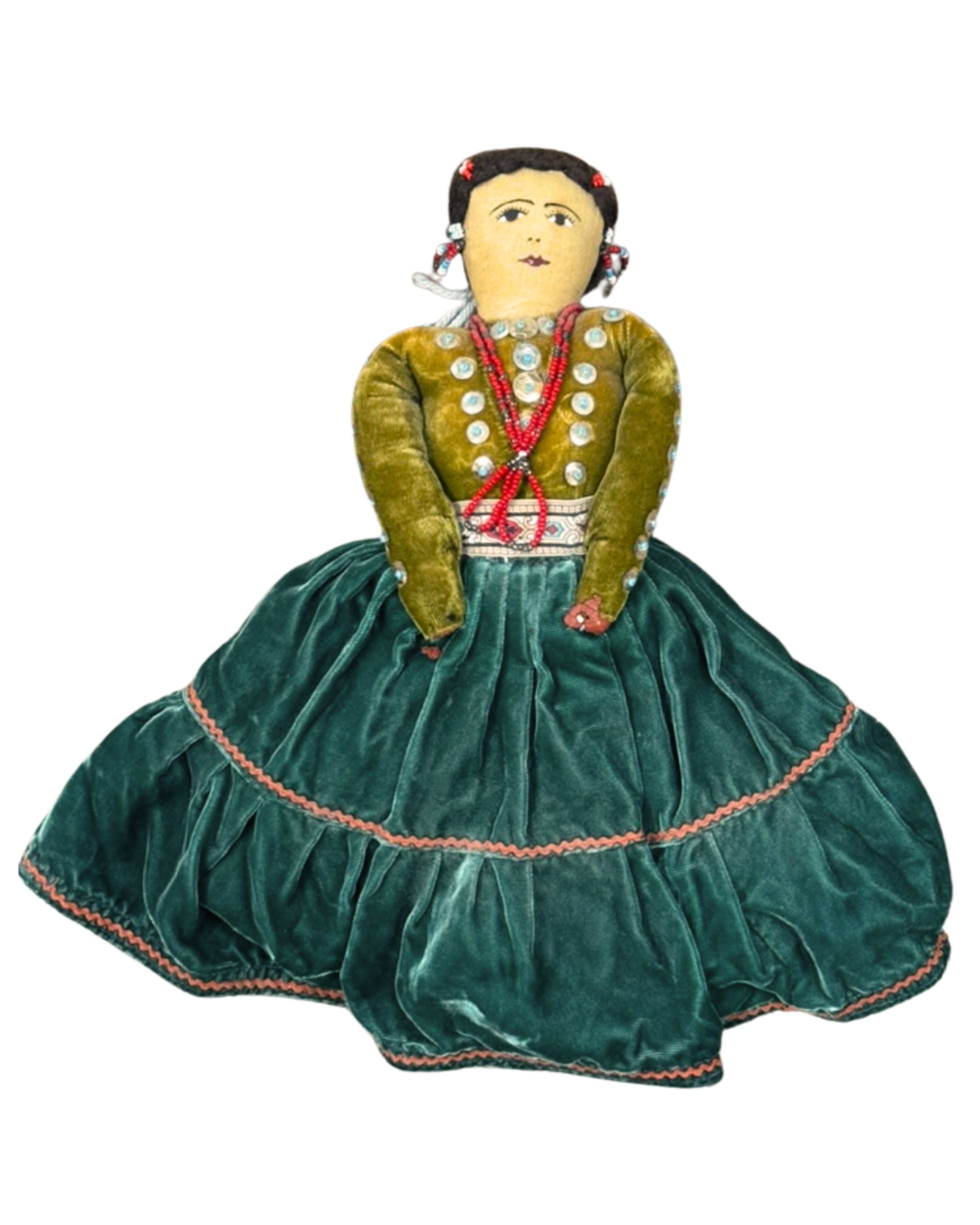 Traditional Native American Folk Art Doll with Velvet Dress, Circa 1940s