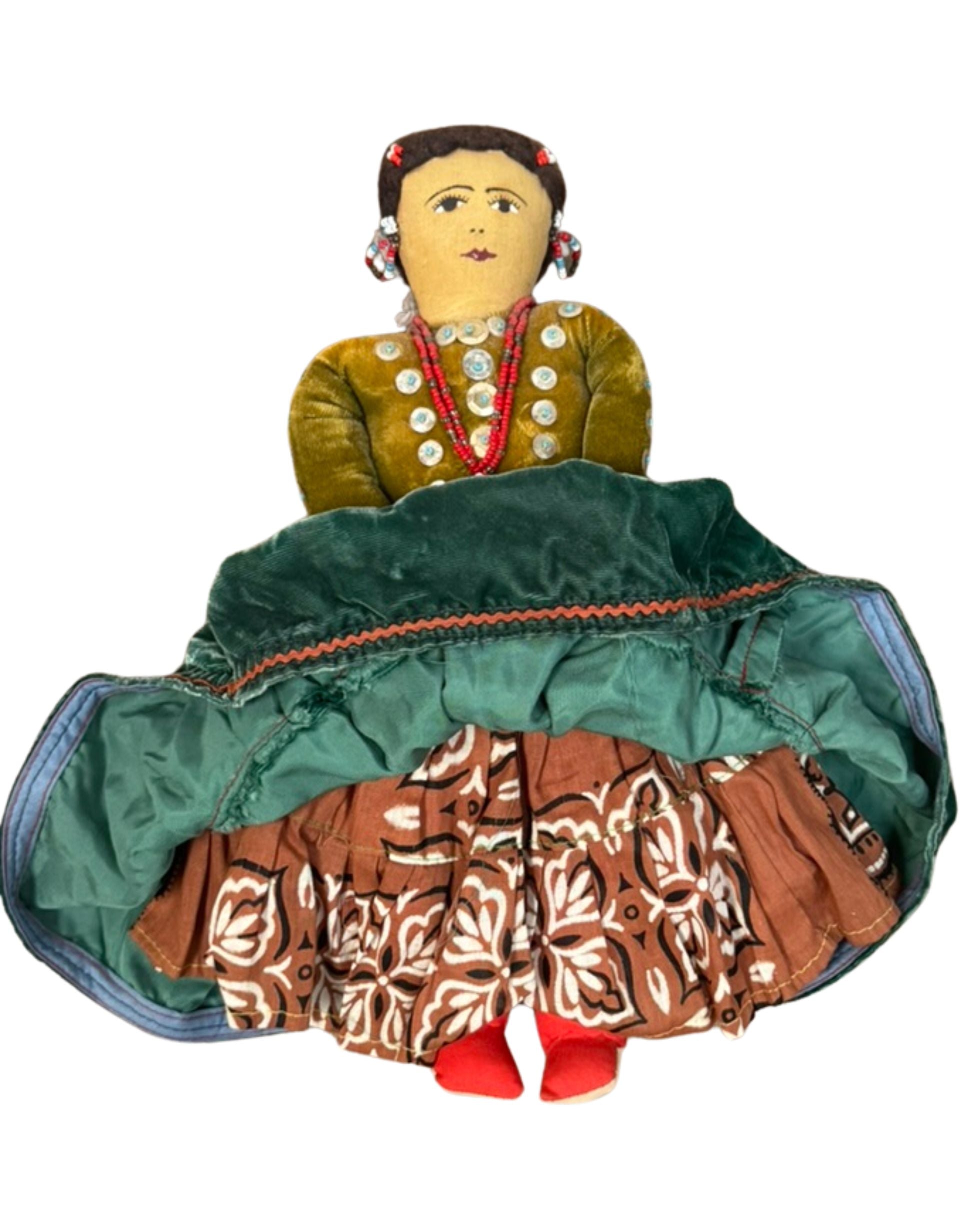 Traditional Native American Folk Art Doll with Velvet Dress, Circa 1940s