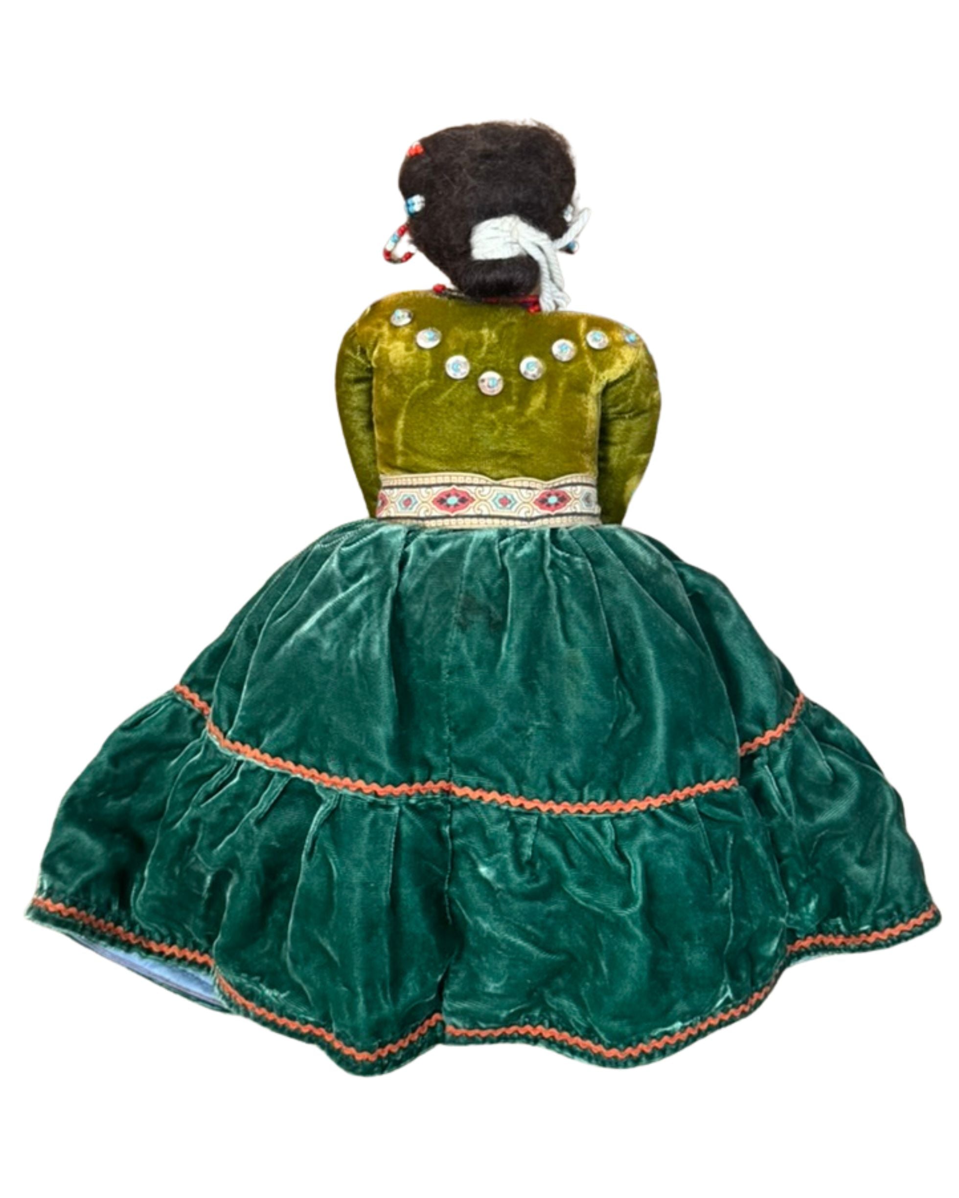 Traditional Native American Folk Art Doll with Velvet Dress, Circa 1940s