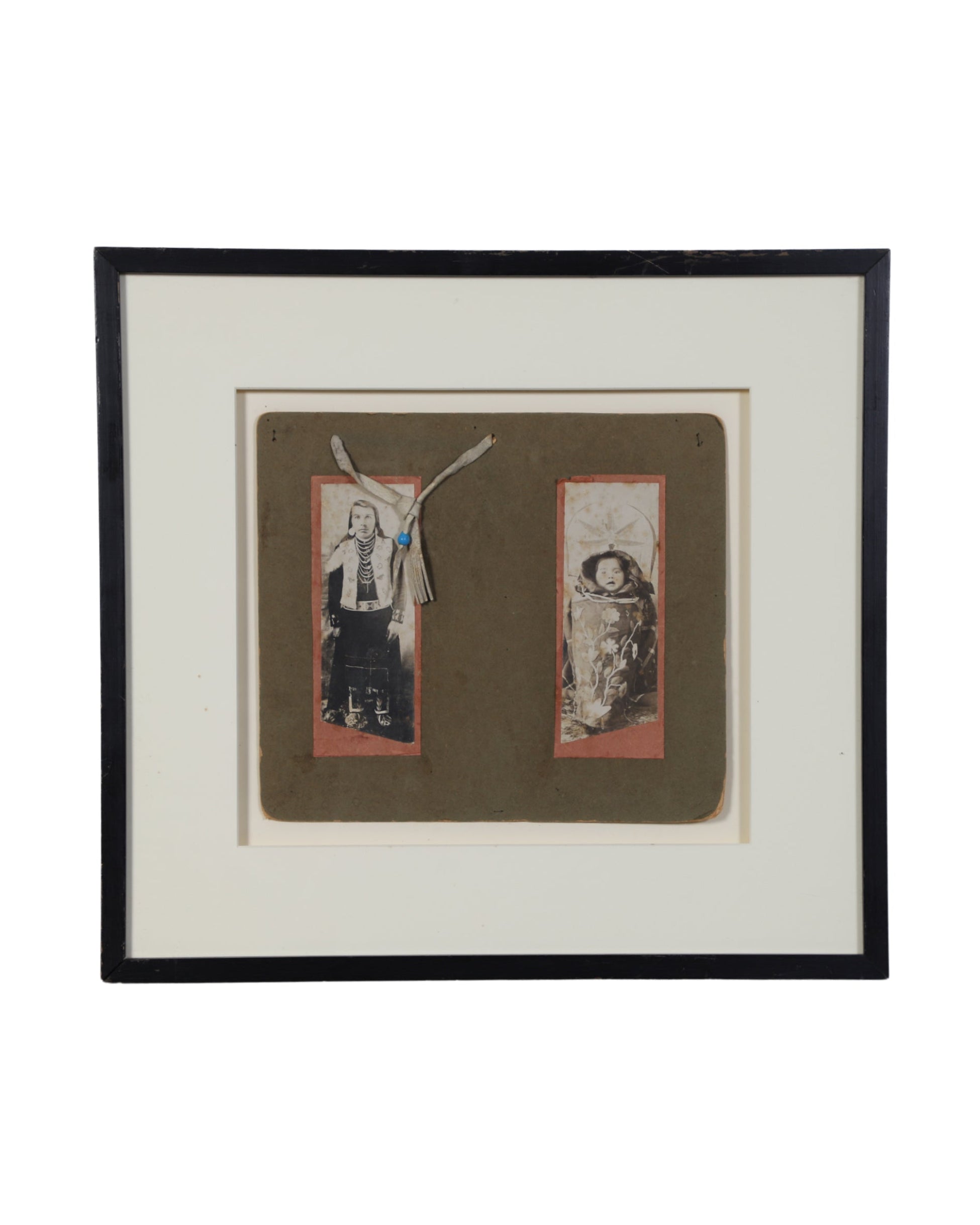 Framed pair of 19th-century Native American photographic portraits presented on a dark gray mount.