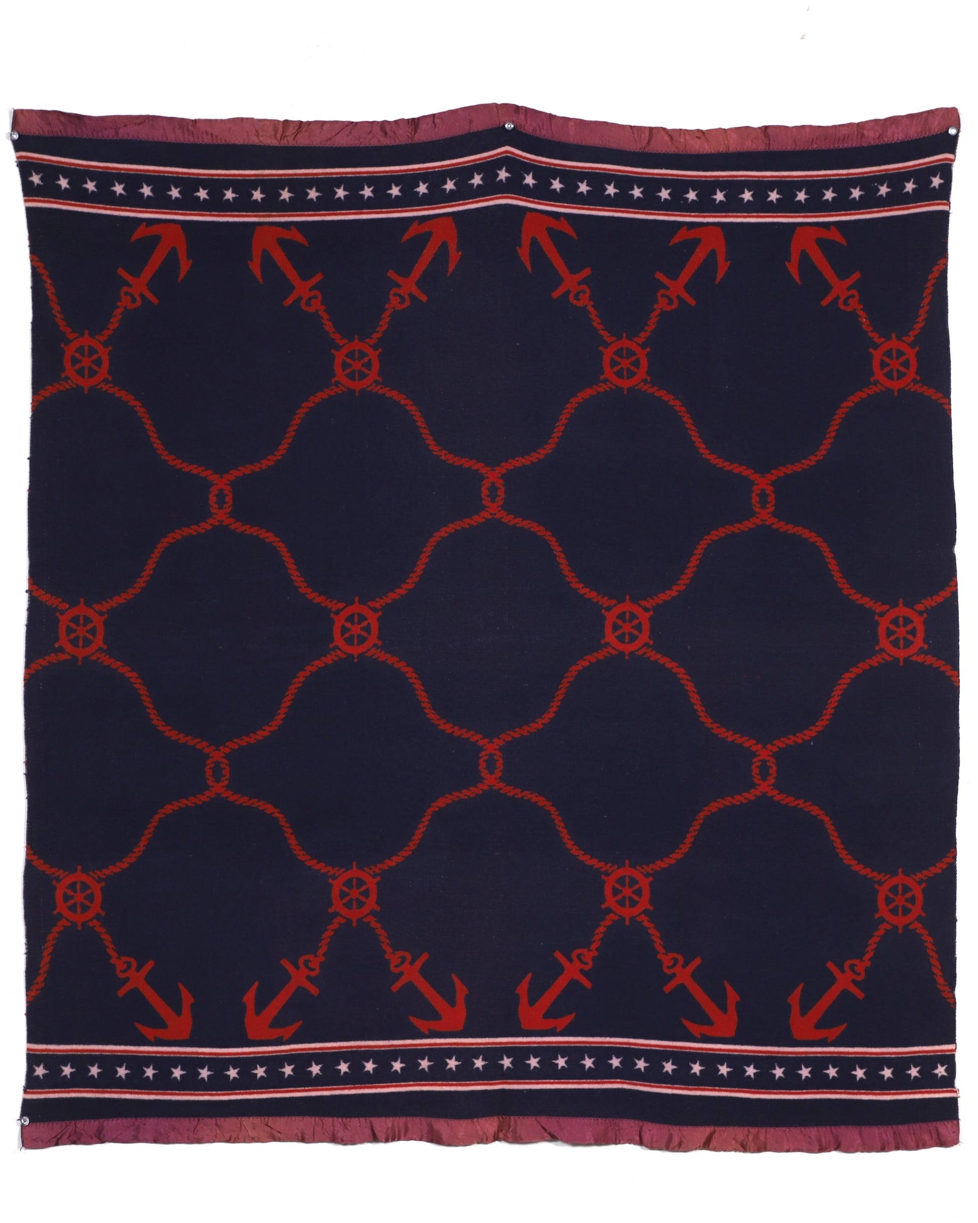 Vintage 1960s Nautical Blanket – Red & Navy Anchors – 73" x 67"