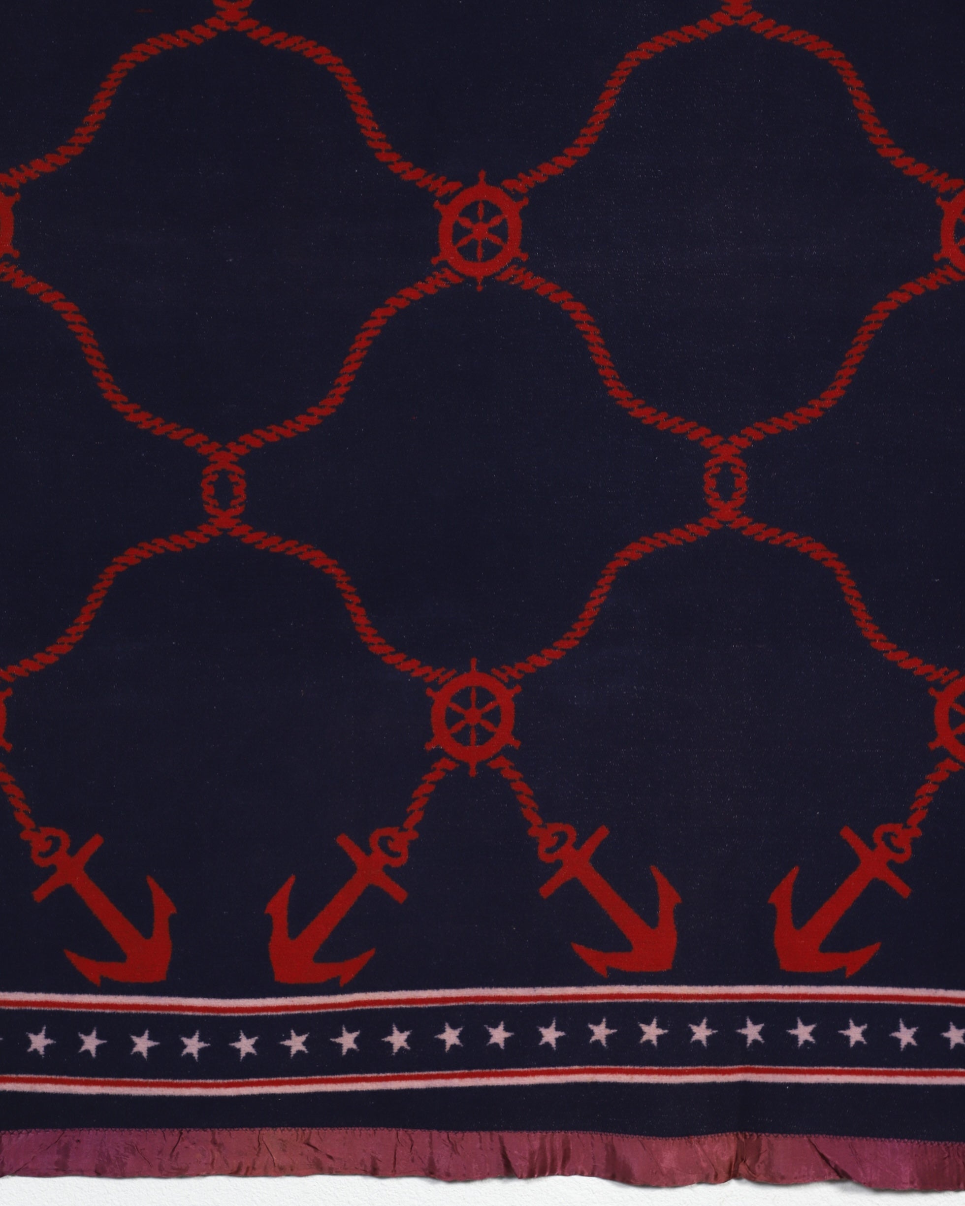 Vintage 1960s Nautical Blanket – Red & Navy Anchors – 73" x 67"