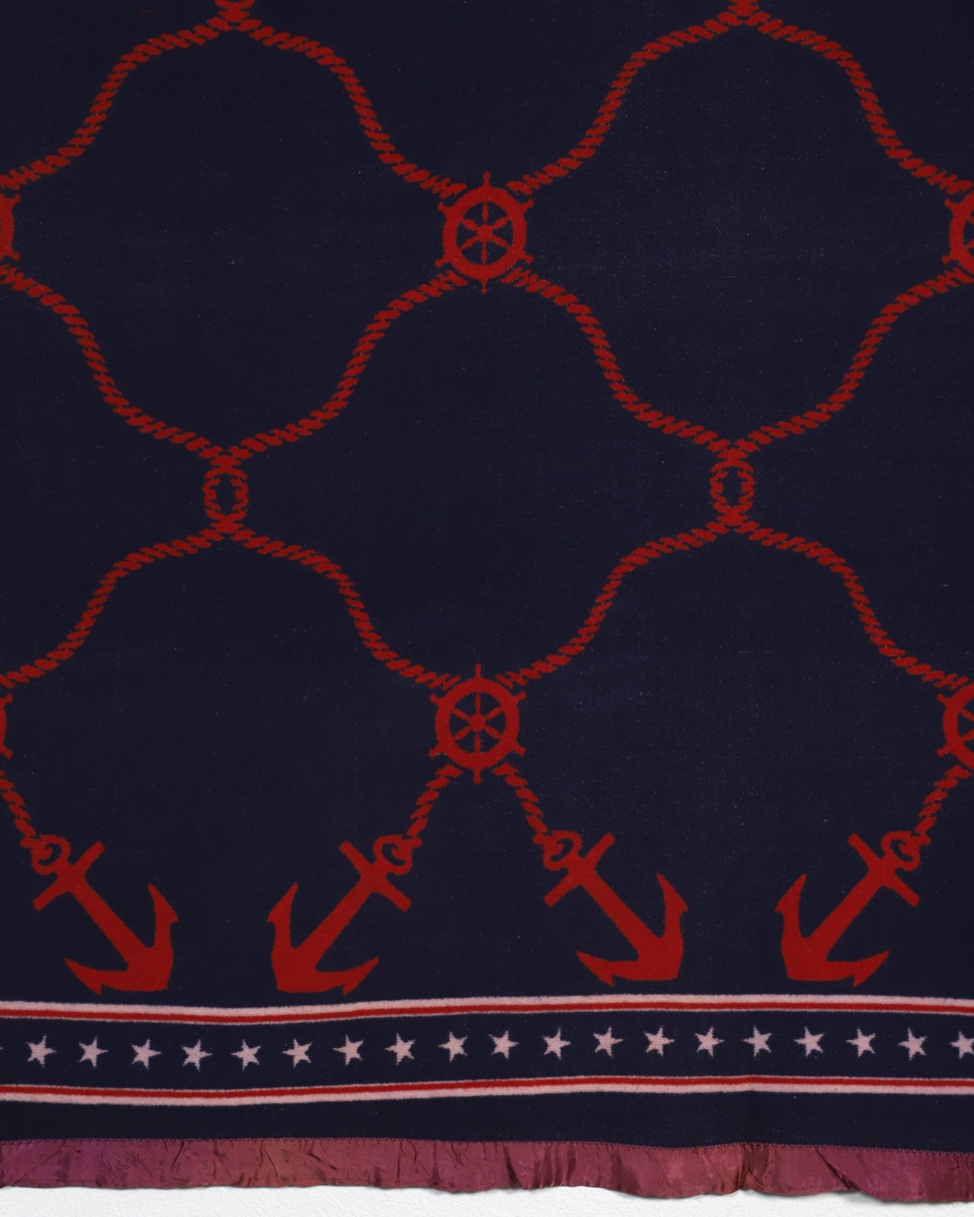 Vintage 1960s Nautical Blanket – Red & Navy Anchors – 73" x 67"