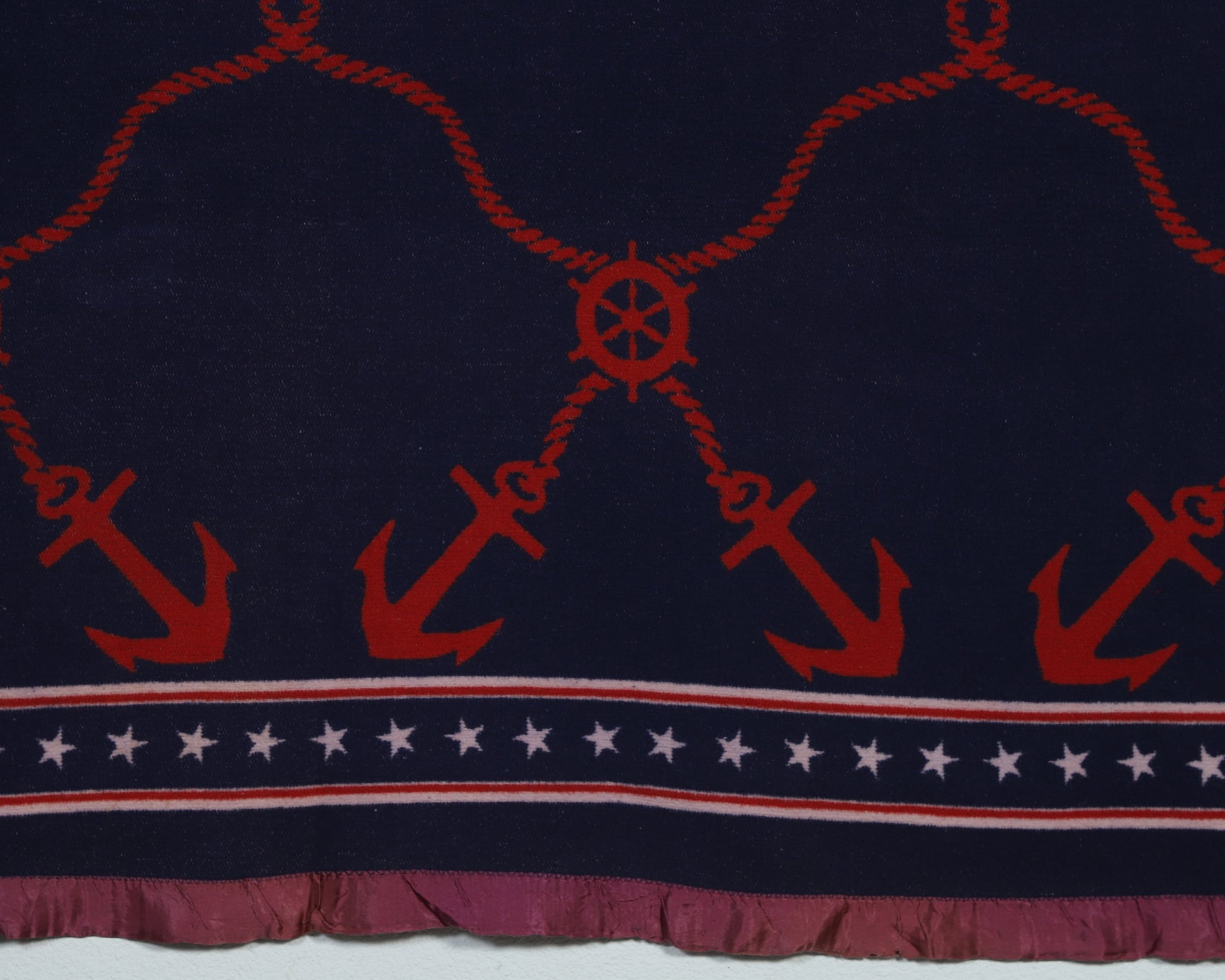 Vintage 1960s Nautical Blanket – Red & Navy Anchors – 73" x 67"